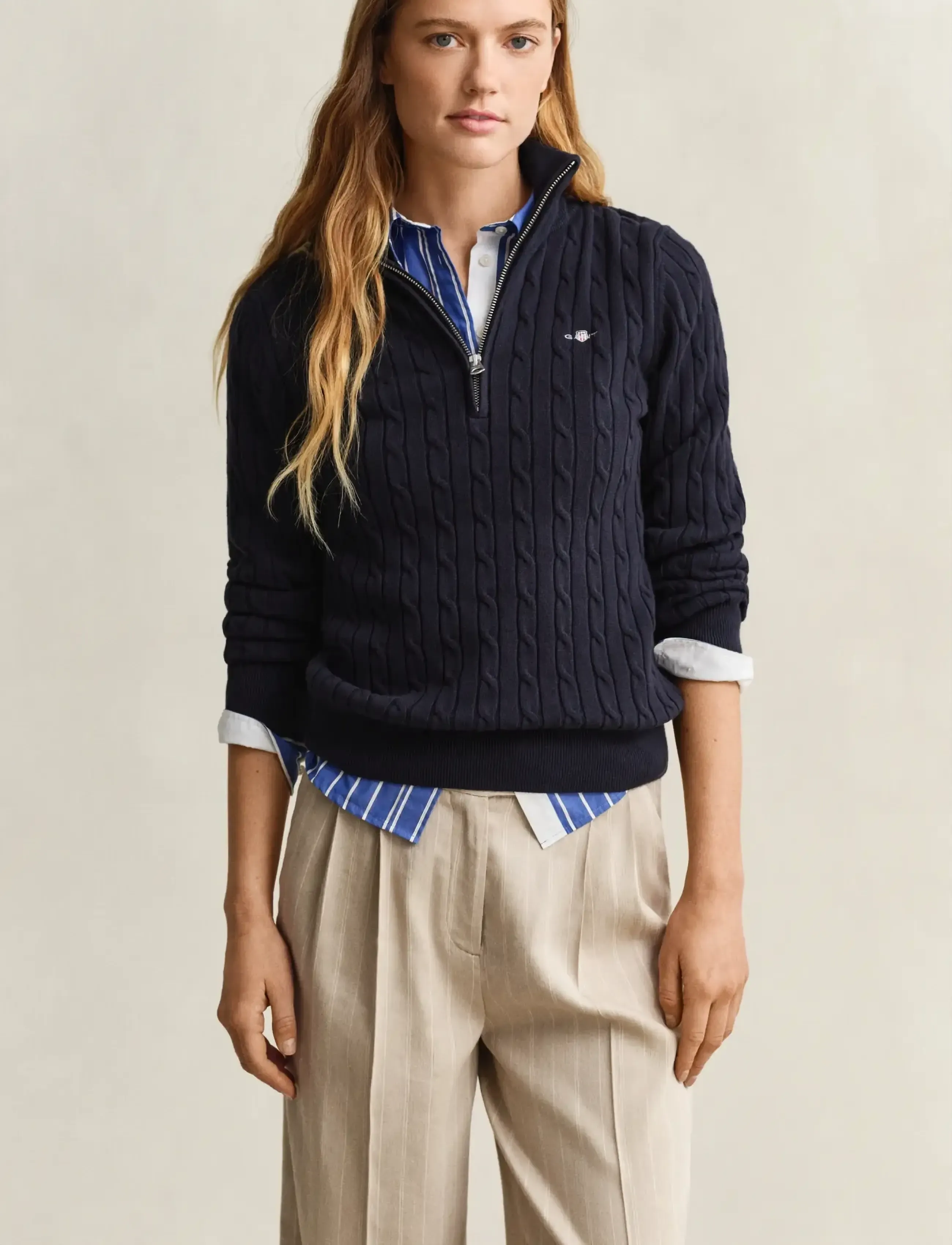 Gant Stretch Cotton Cable Half-Zip, XXL, Knitwear, Marineblau - Jumpers, Frauen