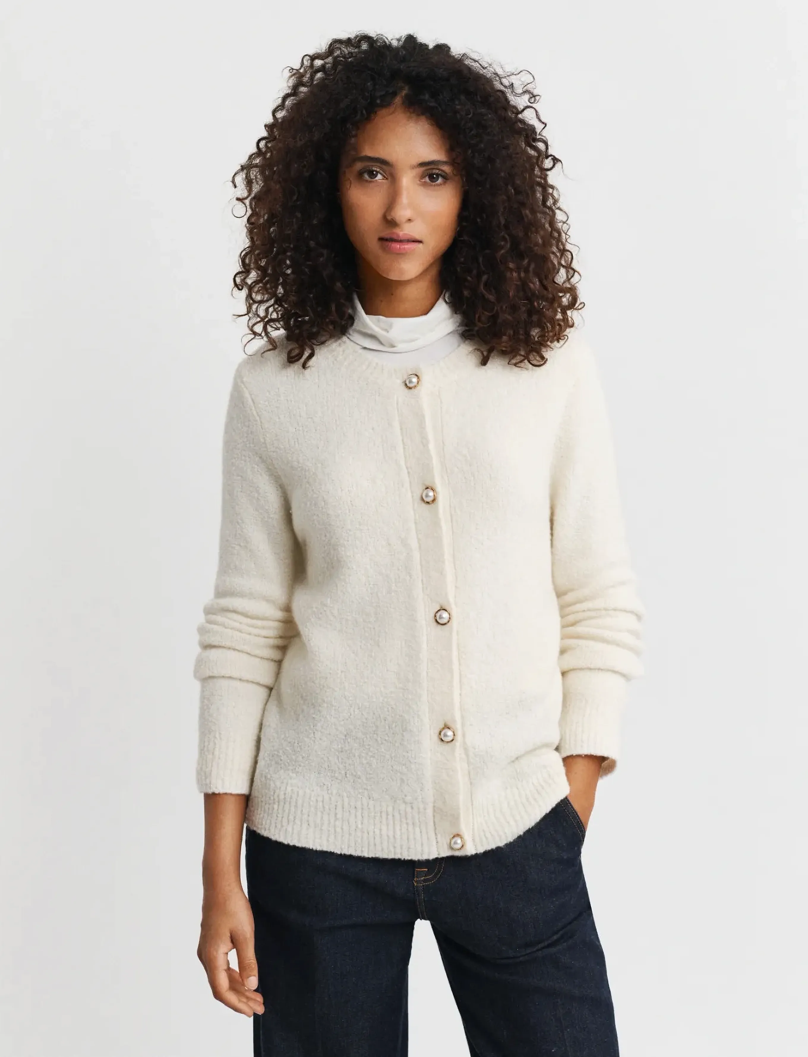 Gant Boucle C-Neck Cardigan, Kvinder, Bouclé Cardigan, Hvid, Str: XS
