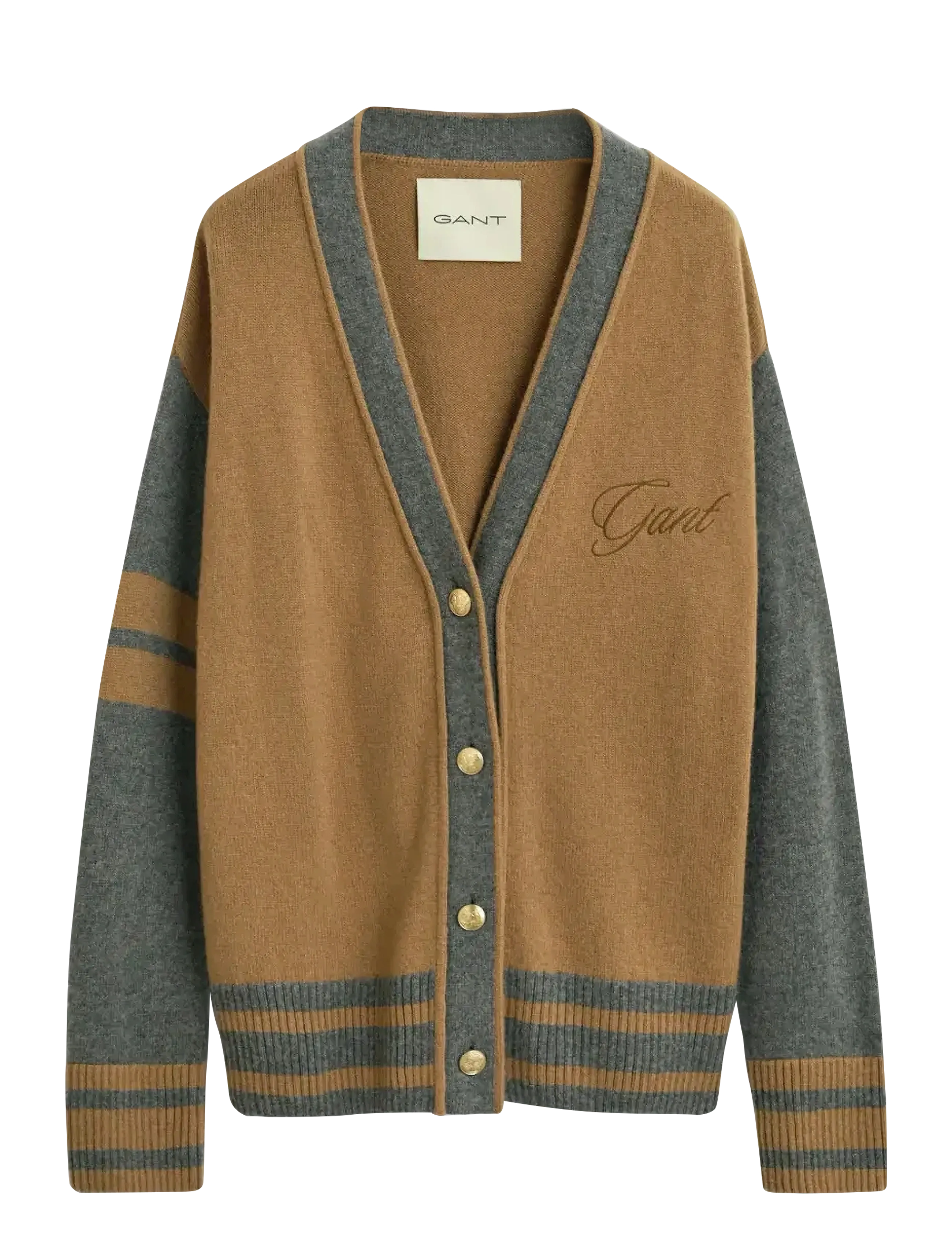 GANT VARSITY V-NECK CARDIGAN - WHISKEY BROWN
