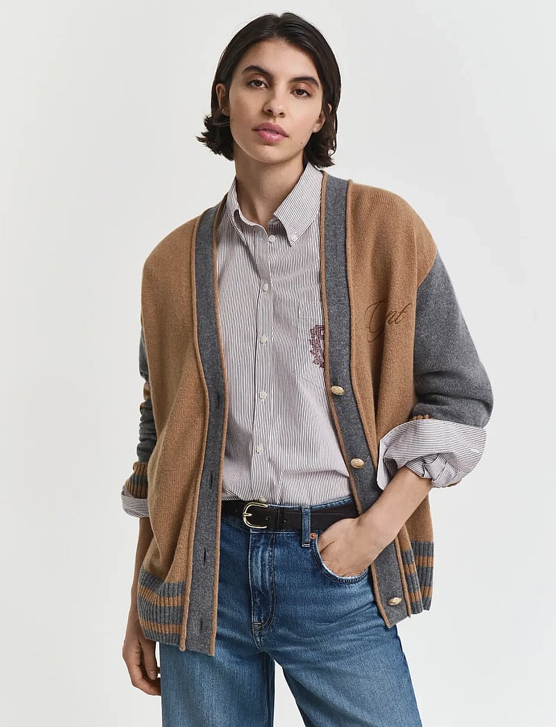 GANT - GANT VARSITY V-NECK CARDIGAN - kardiganid - whiskey brown - 3