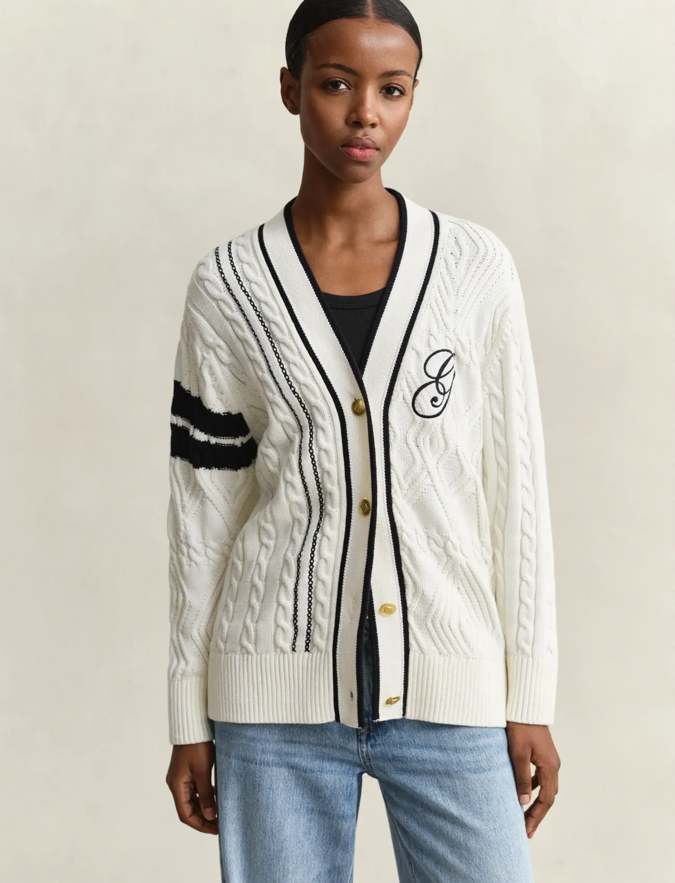Gant - GANT VARSITY CABLE CARDIGAN - eggshell - 0
