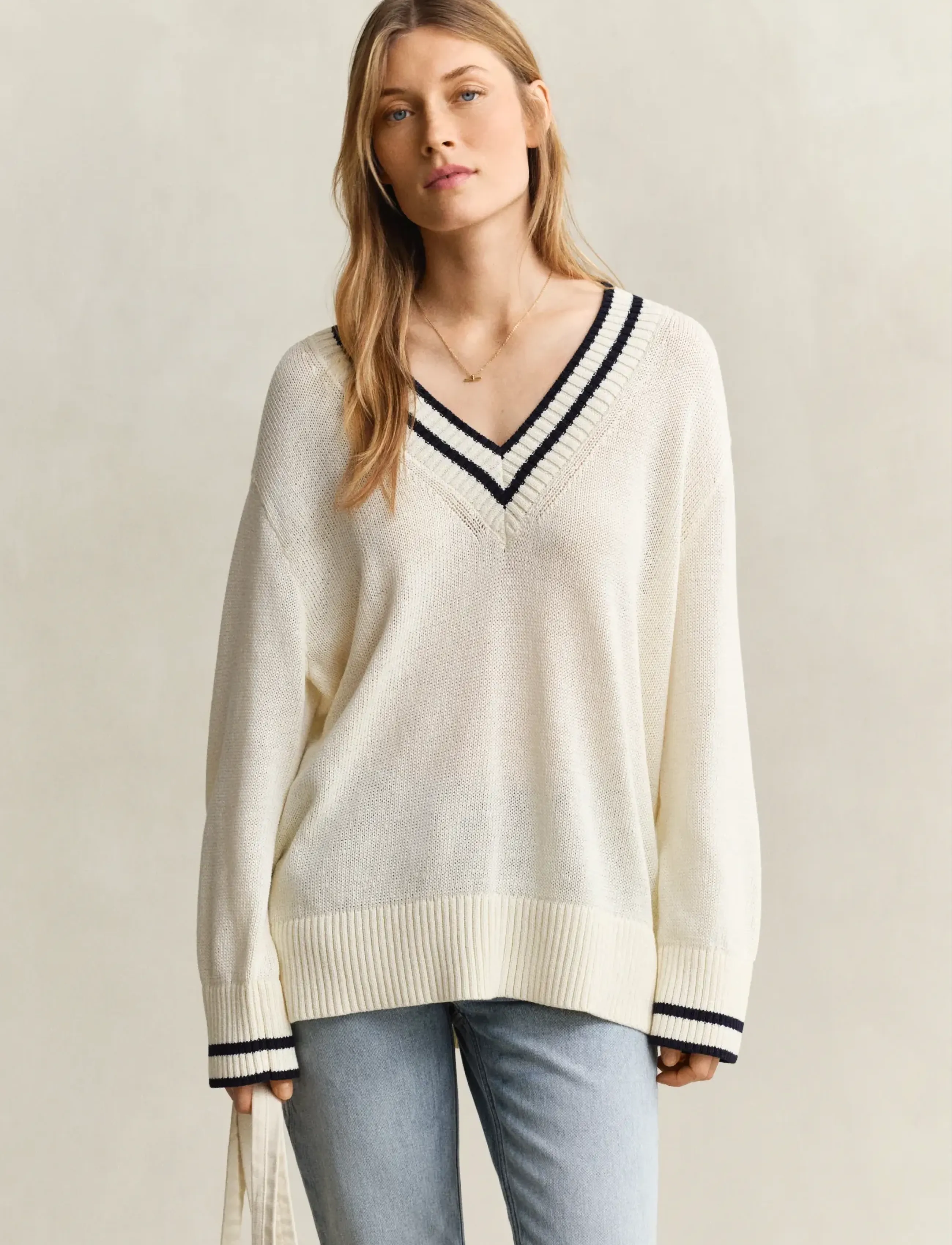 Gant Contrast Cotton V-Neck, S, Knitwear, Weiß - V-necks, Frauen
