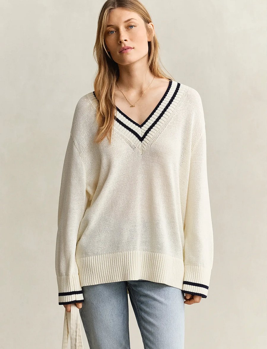 Gant - CONTRAST COTTON V-NECK - megztiniai - eggshell - 0