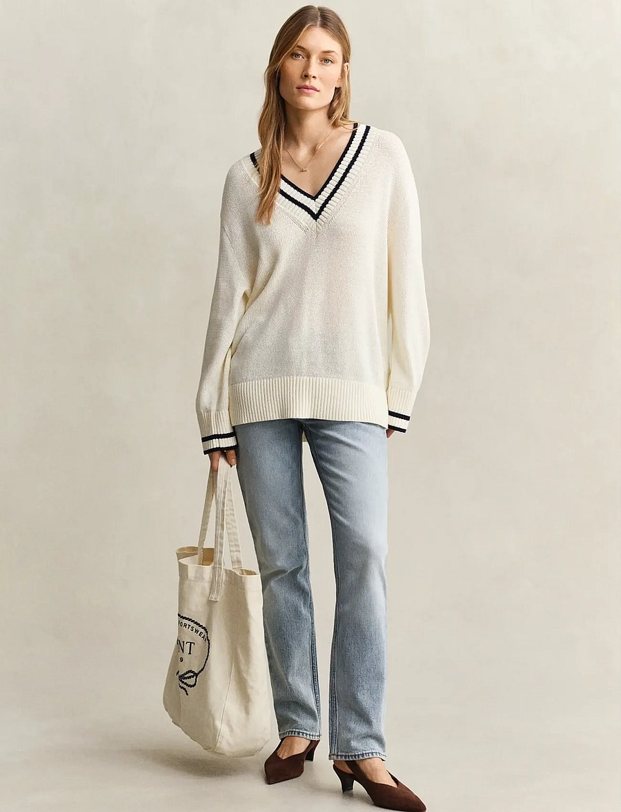 Gant - CONTRAST COTTON V-NECK - megztiniai - eggshell - 4