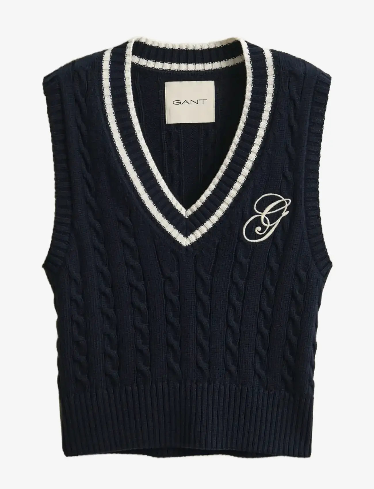 GANT - CONTRAST COTTON CABLE V-NECK VEST - knitted vests - evening blue - 1