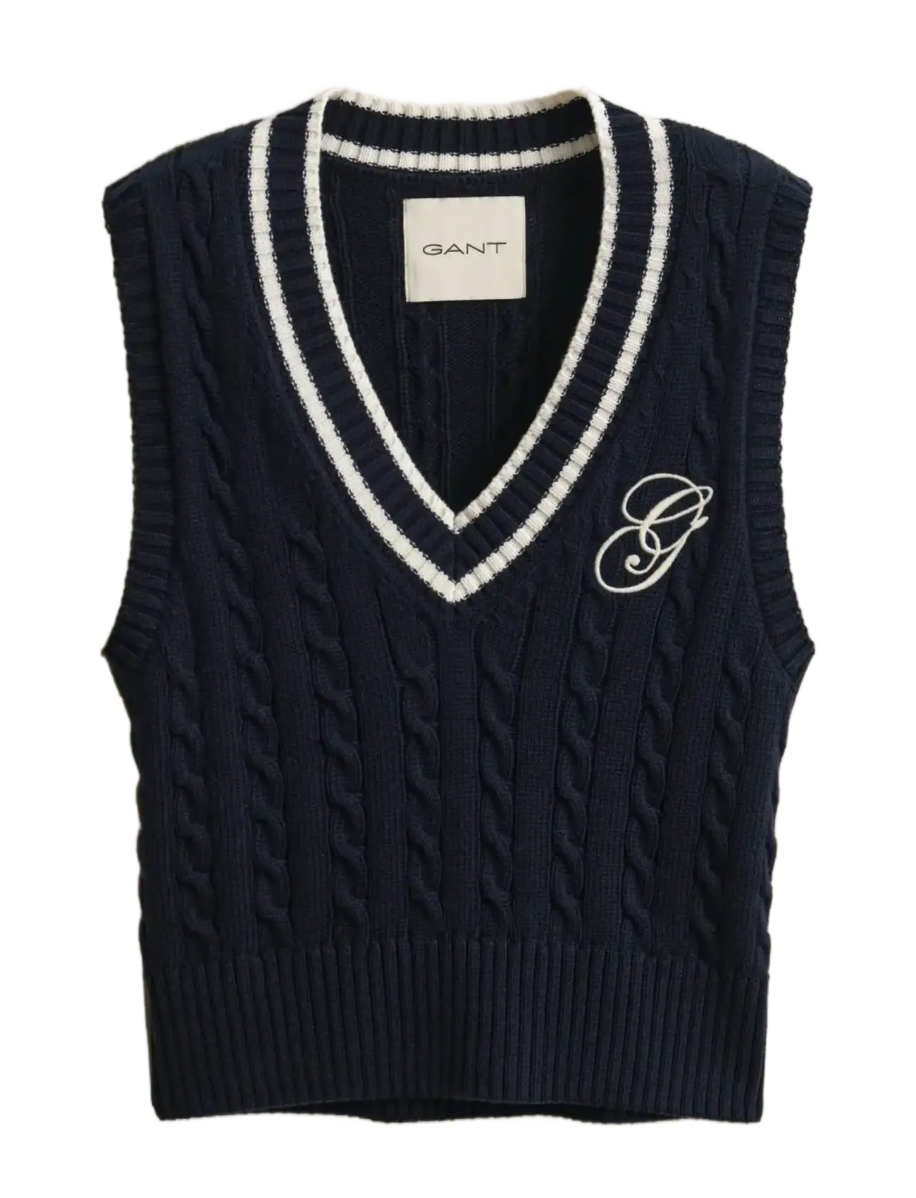 GANT CONTRAST COTTON CABLE V-NECK VEST - Nyheter - EVENING BLUE / navy