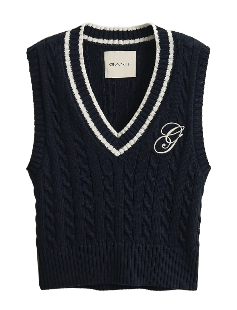 GANT - CONTRAST COTTON CABLE V-NECK VEST - knitted vests - evening blue - 1