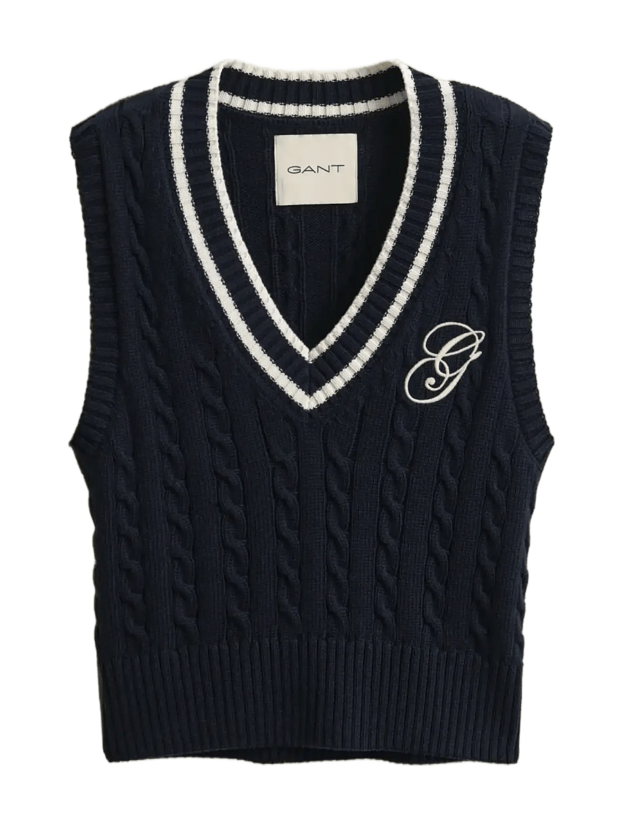 Gant - CONTRAST COTTON CABLE V-NECK VEST - prjónavesti - evening blue - 1