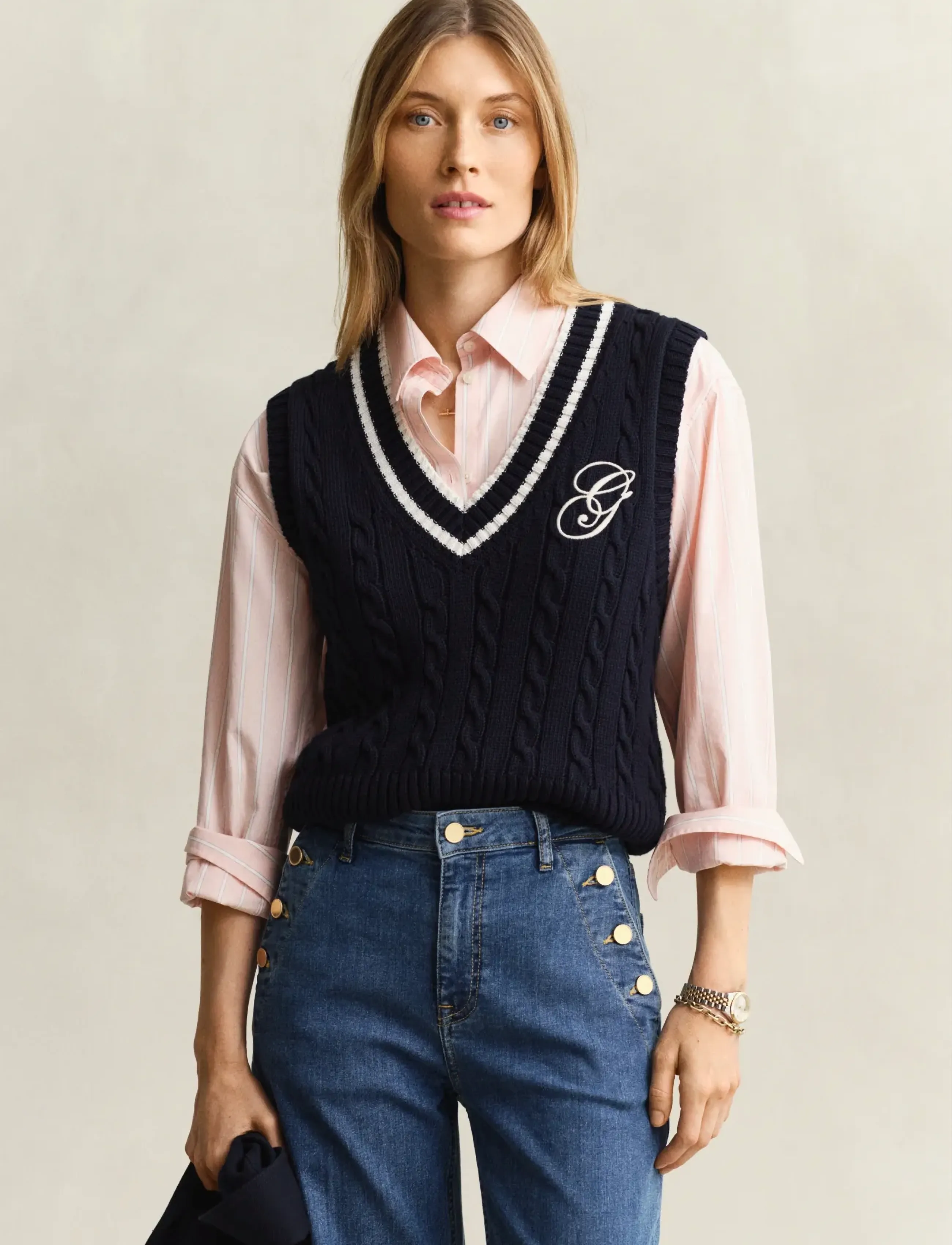 Gant Contrast Cotton Cable V-Neck Vest, XL, Westen, Marineblau - Knitted Frauen