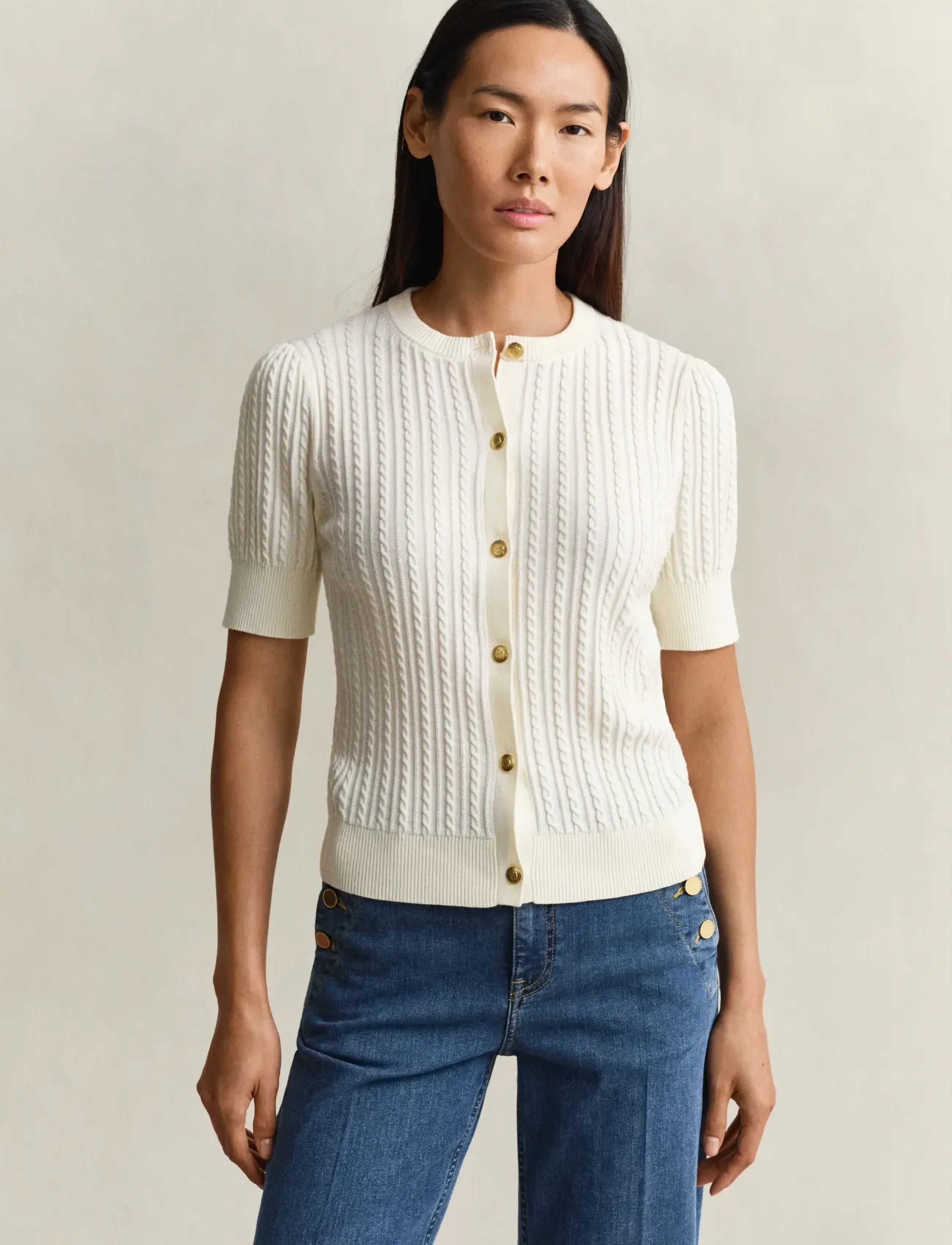 Gant Cotton Cable Ss Cardigan, XL, Cream, Strik > Cardigans, Dame