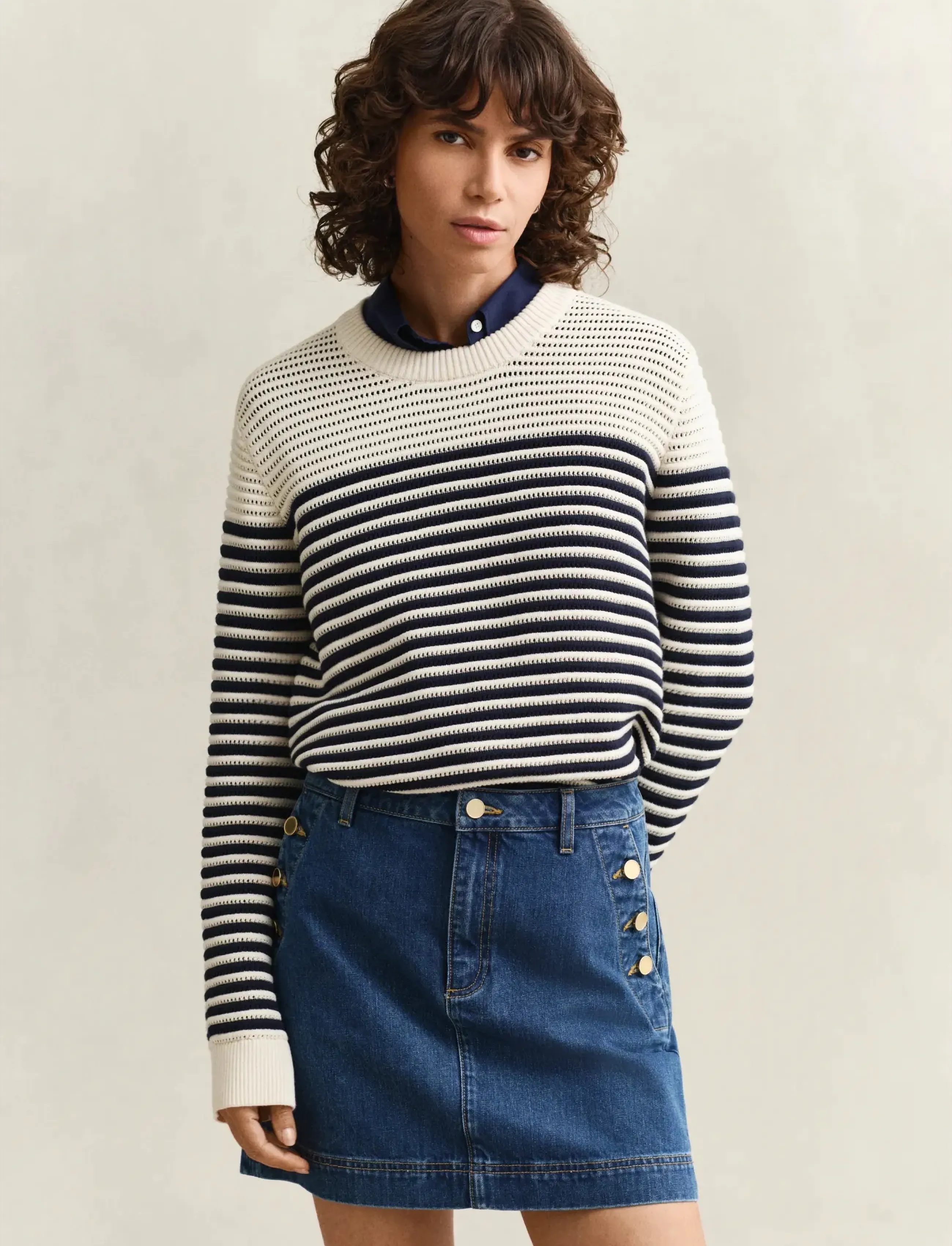 Gant Textured Striped C-Neck, L, Knitwear, Creme - Jumpers, Frauen