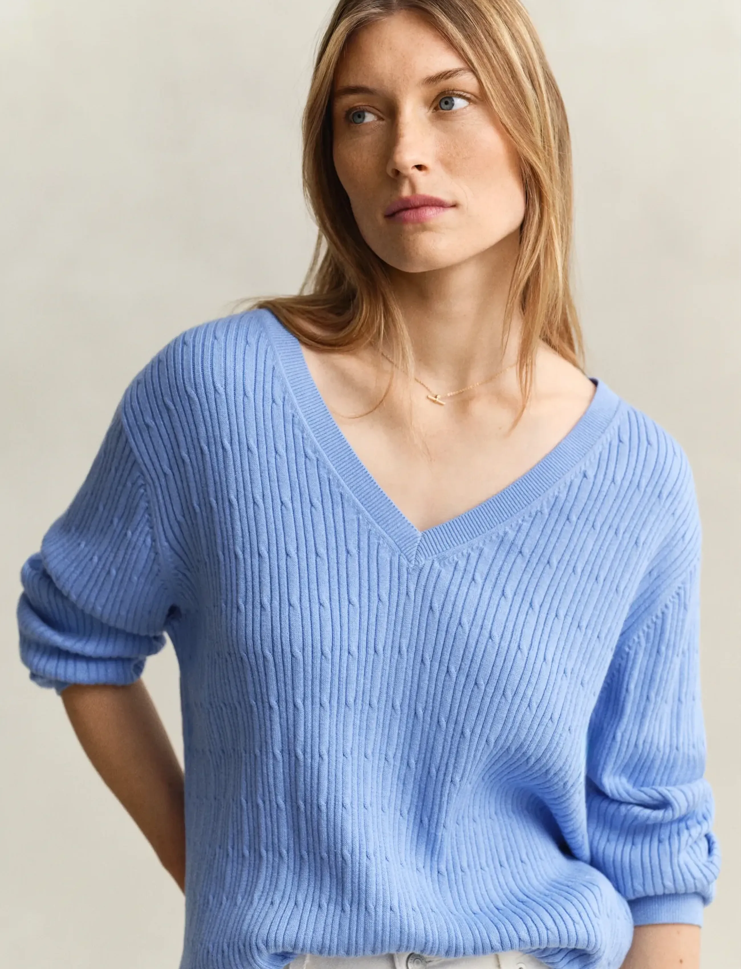 Gant - CABLE KNIT V-NECK - kaschmir - hydrangea blue - 3