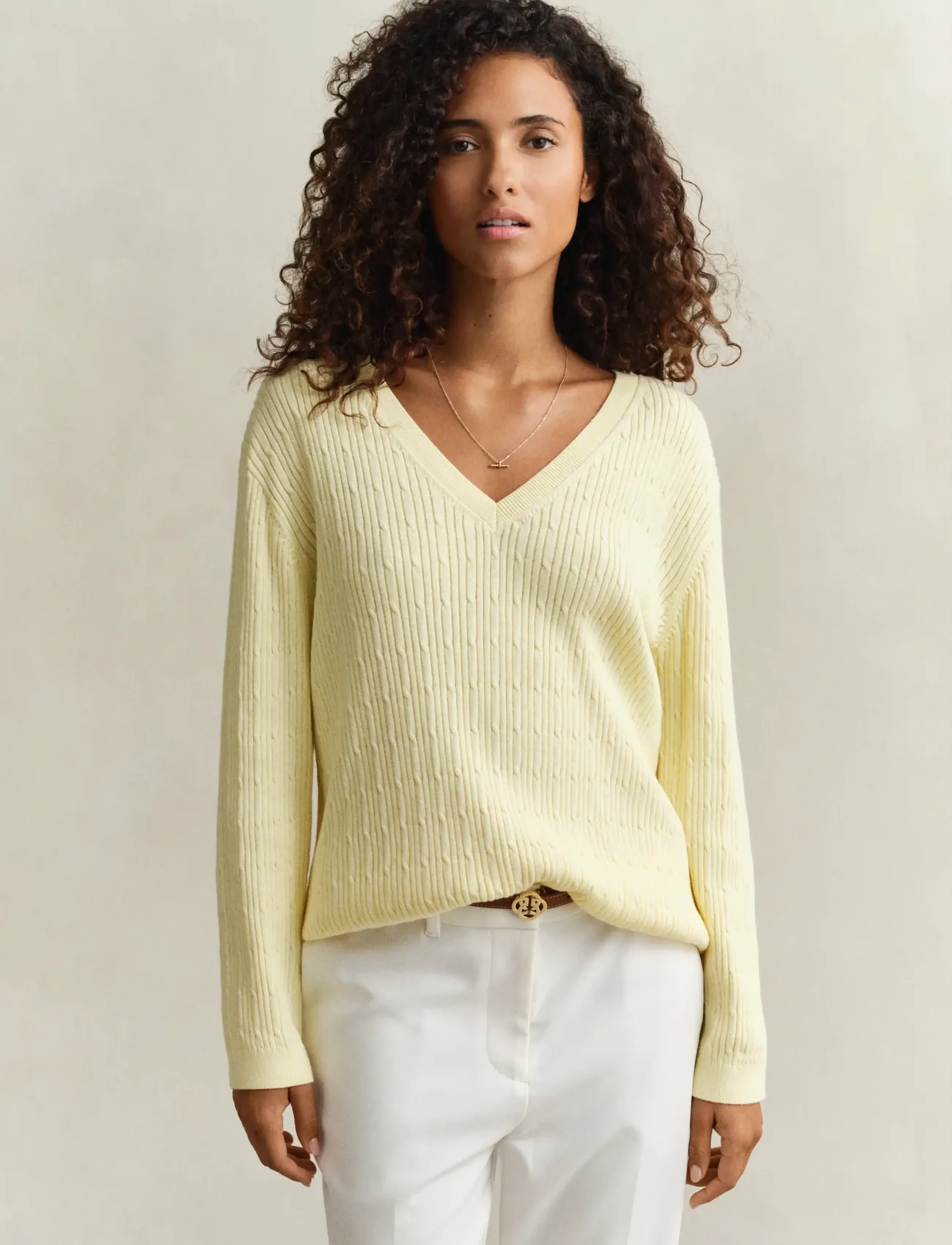 Gant Cable Knit V-Neck, L, Yellow, Strik > Trøjer, Dame