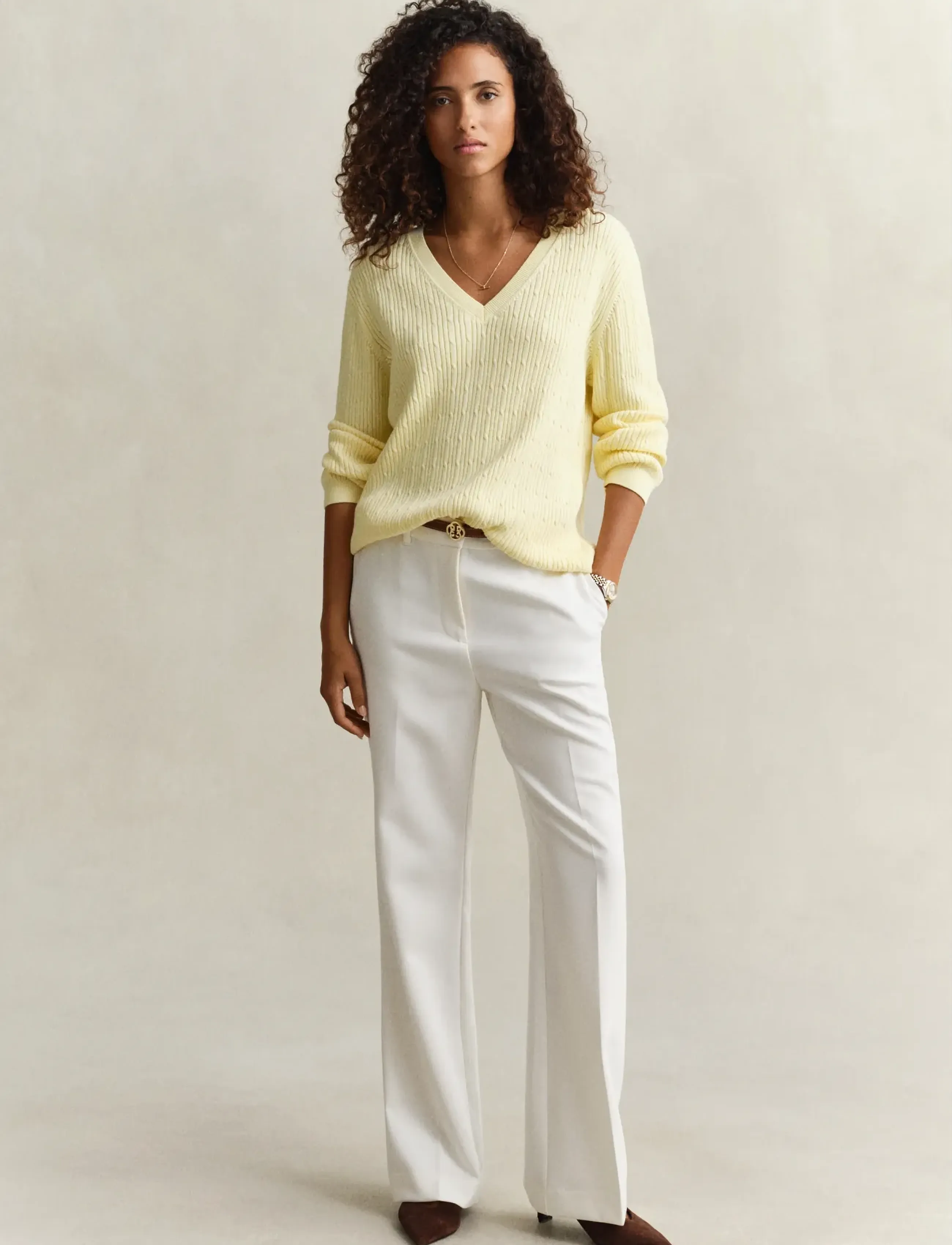Gant - CABLE KNIT V-NECK - cachemire - vanilla yellow - 4