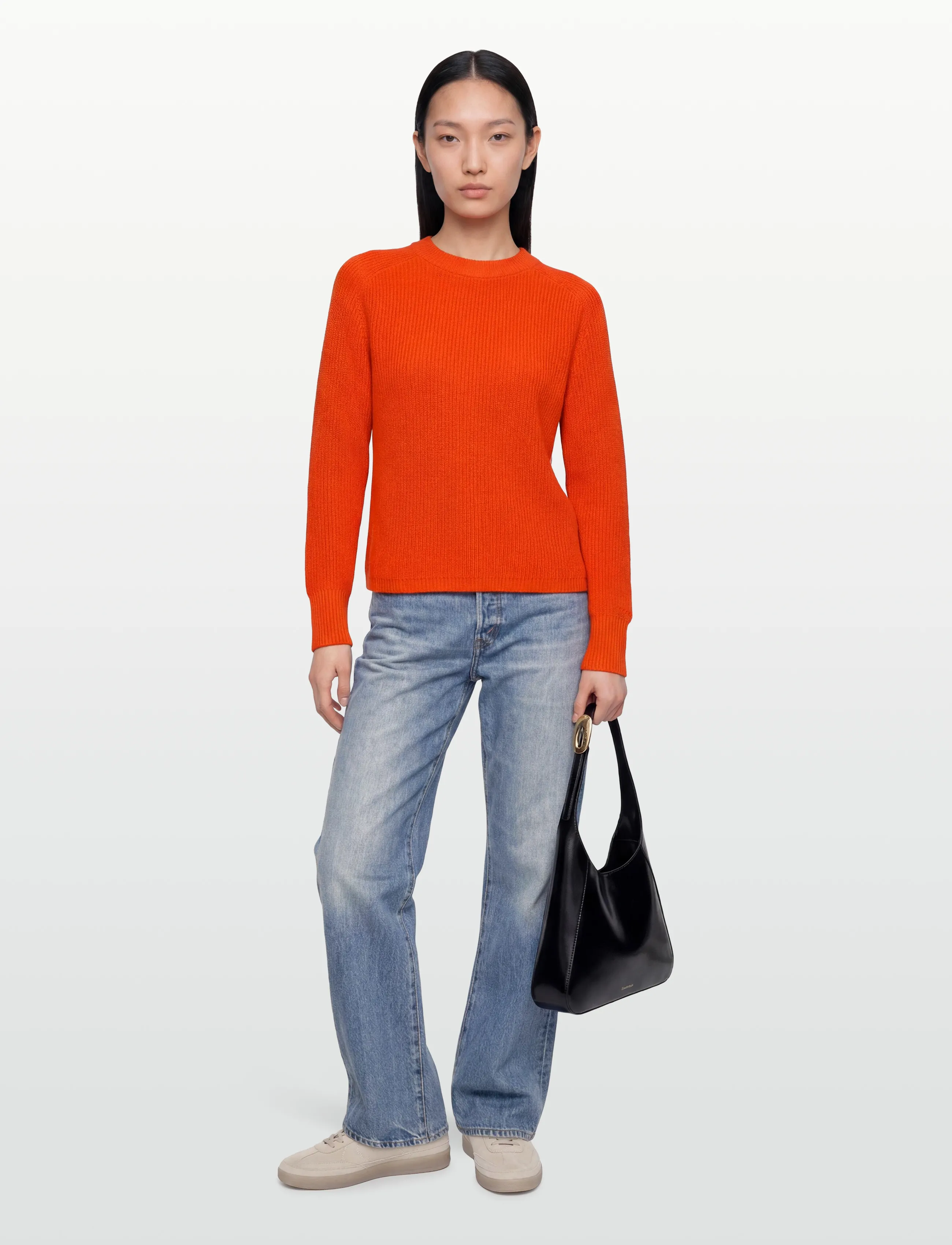 Gant Ribbed Knit Cotton C-Neck, M, Orange, Strik > Trøjer, Dame
