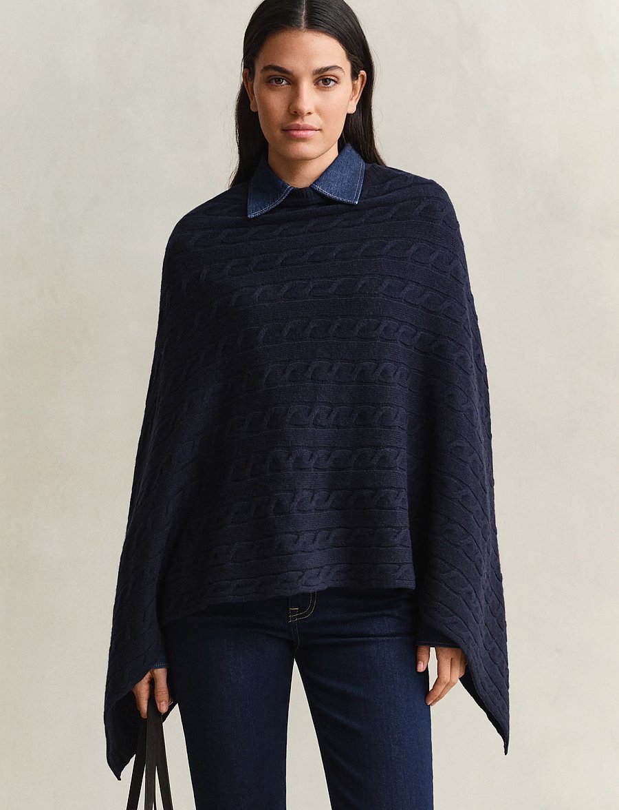 Gant - WOOL CABLE PONCHO - vinterjakker - evening blue - 0