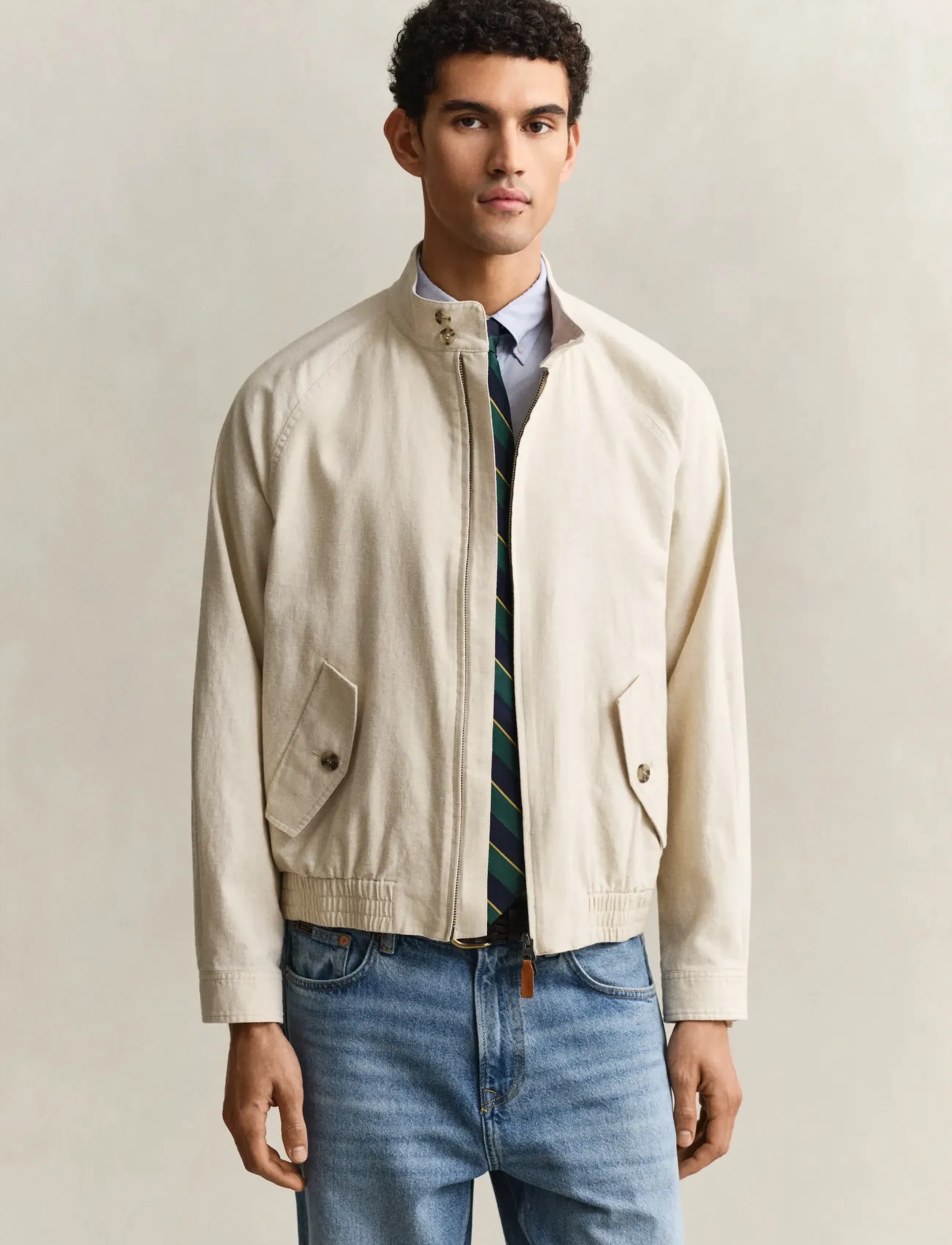 Gant Linen Blend Harrington Jacket, XXL, Jackets, Beige - Light Männerswear