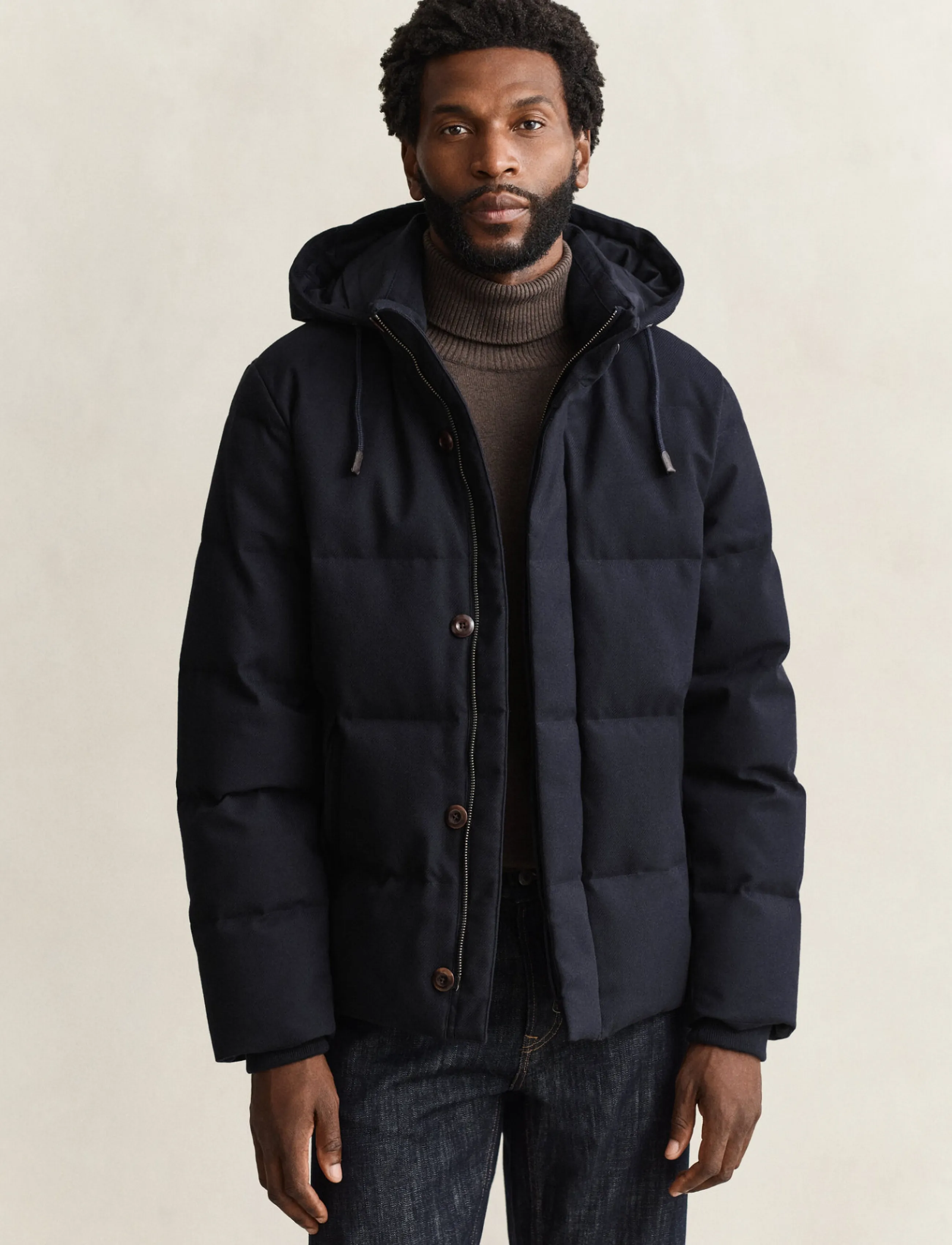 Gant Flannel Down Jacket, Mænd, Hætteklædt Flanell Dunjakke, Navy, Str: L