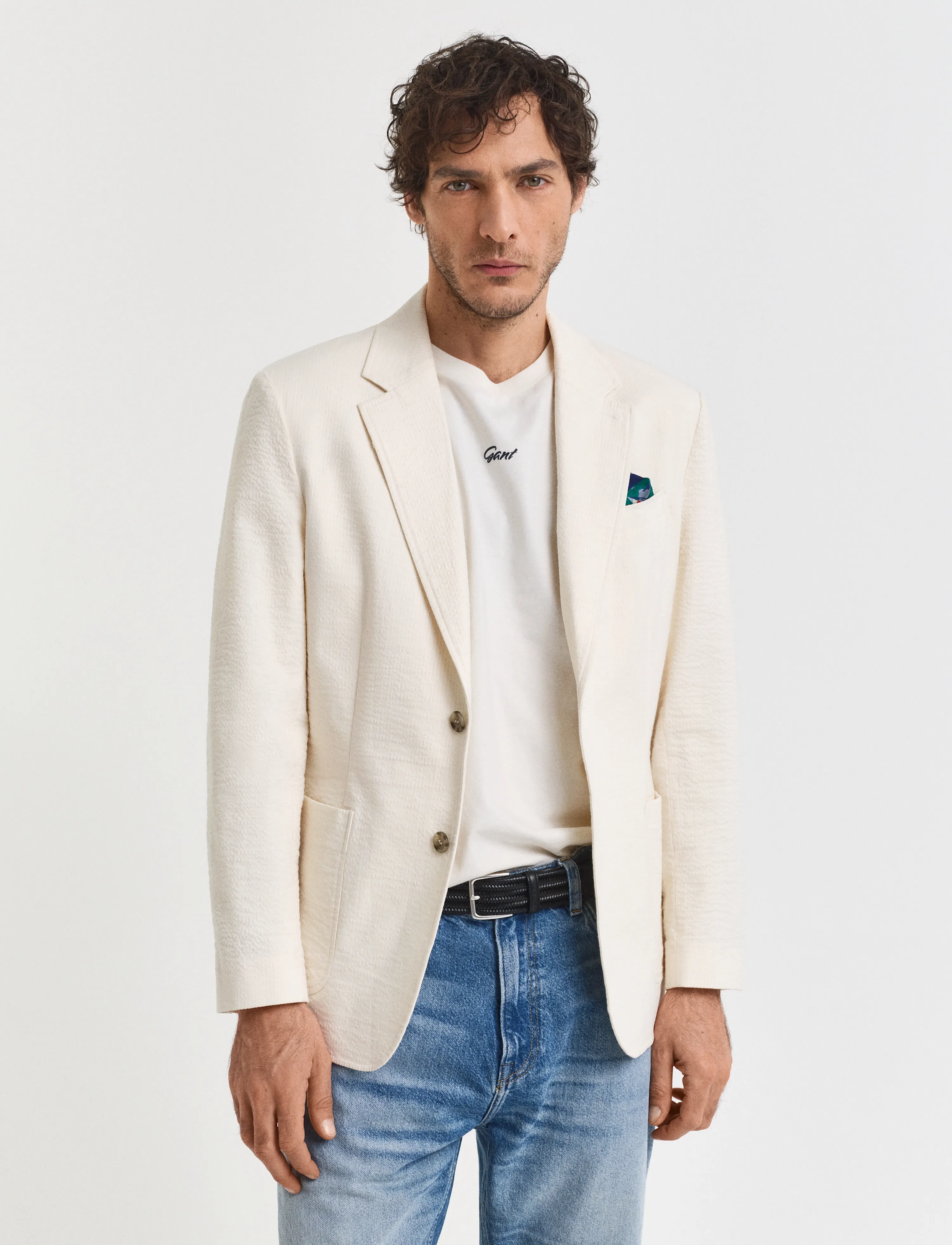 Gant Slim Seersucker Suit Jacket, Mænd, Seersucker Habitjakke, Cream, Str: 46
