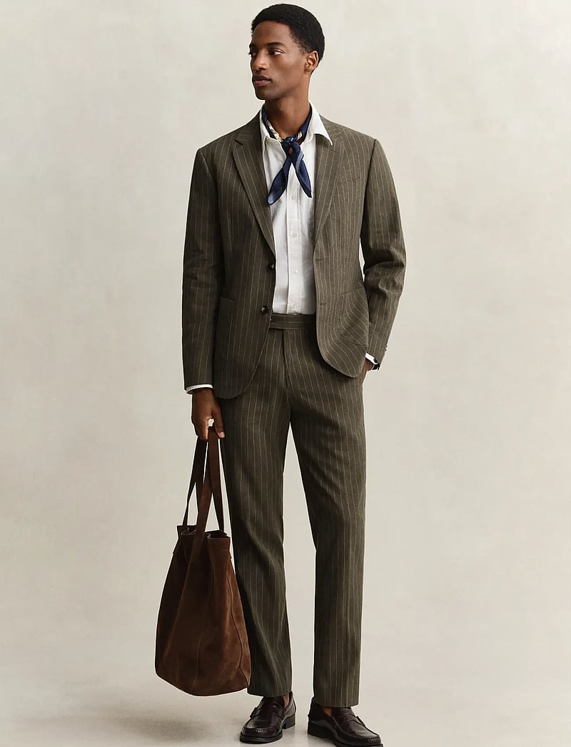 GANT - COT/LINEN PINSTRIPE SUIT JACKET - vienaeiliai švarkai - rich brown - 4