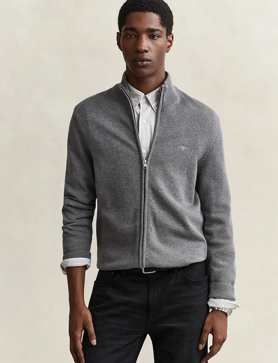 Gant - CASUAL COTTON ZIP CARDIGAN - cardigans - dark grey melange - 0
