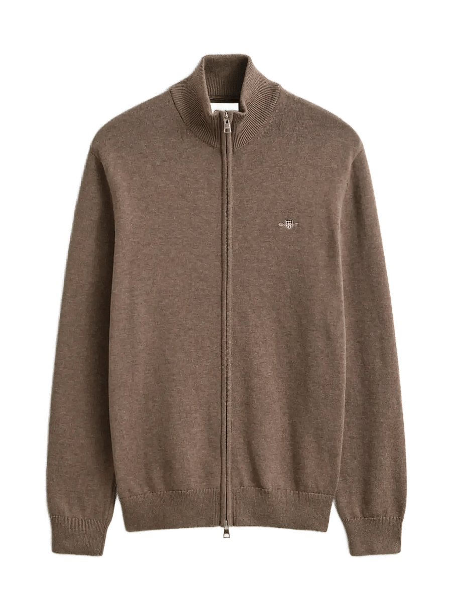 Gant - Cotton Knit Zip Cardigan - cardigans - dark hazelnut melange - 1