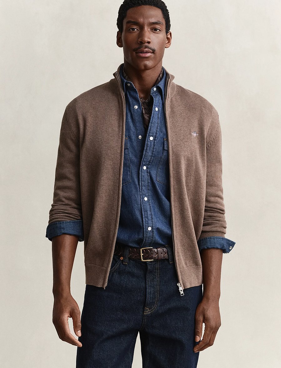 Gant - Cotton Knit Zip Cardigan - cardigans - dark hazelnut melange - 0