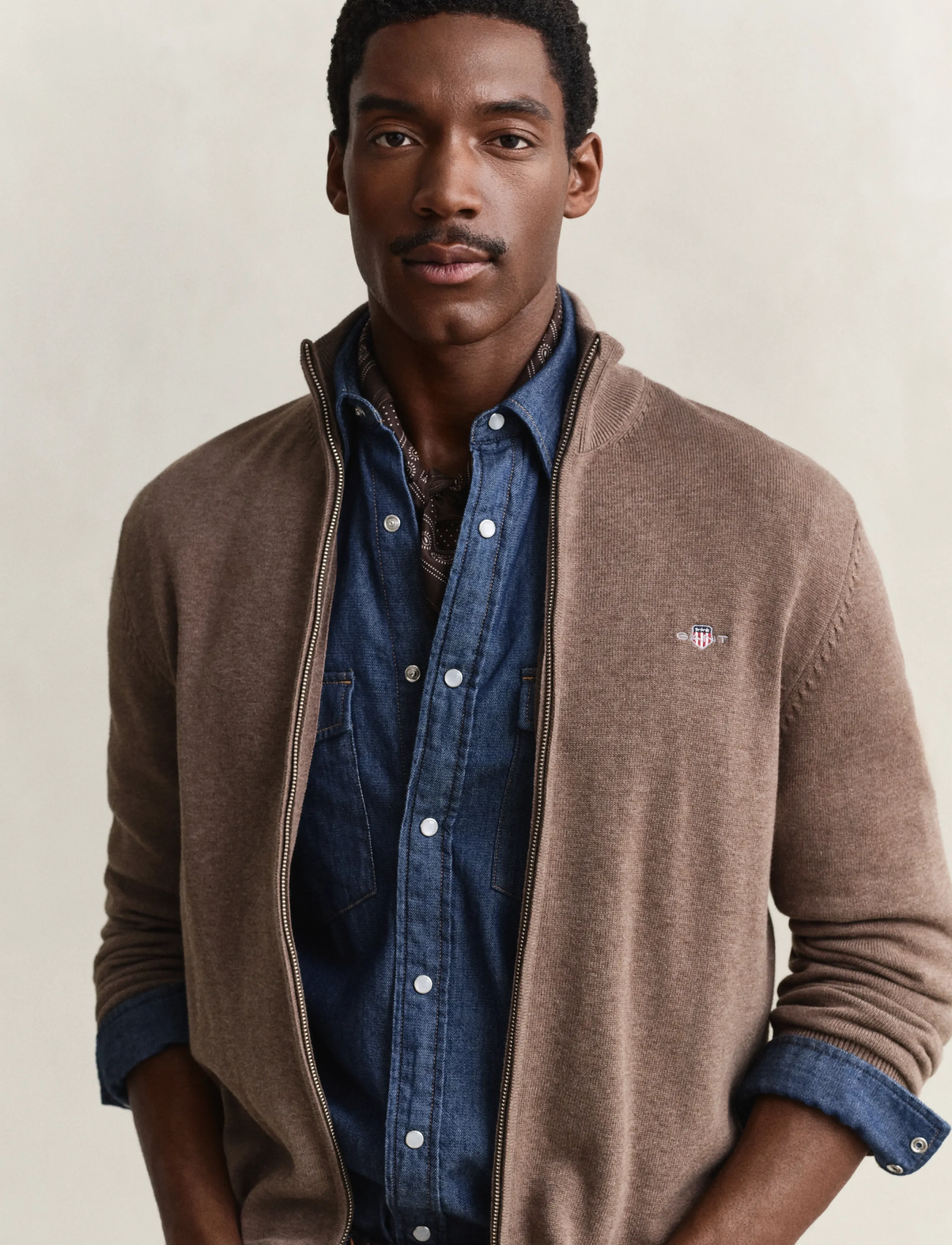 Gant - Cotton Knit Zip Cardigan - cardigans - dark hazelnut melange - 3