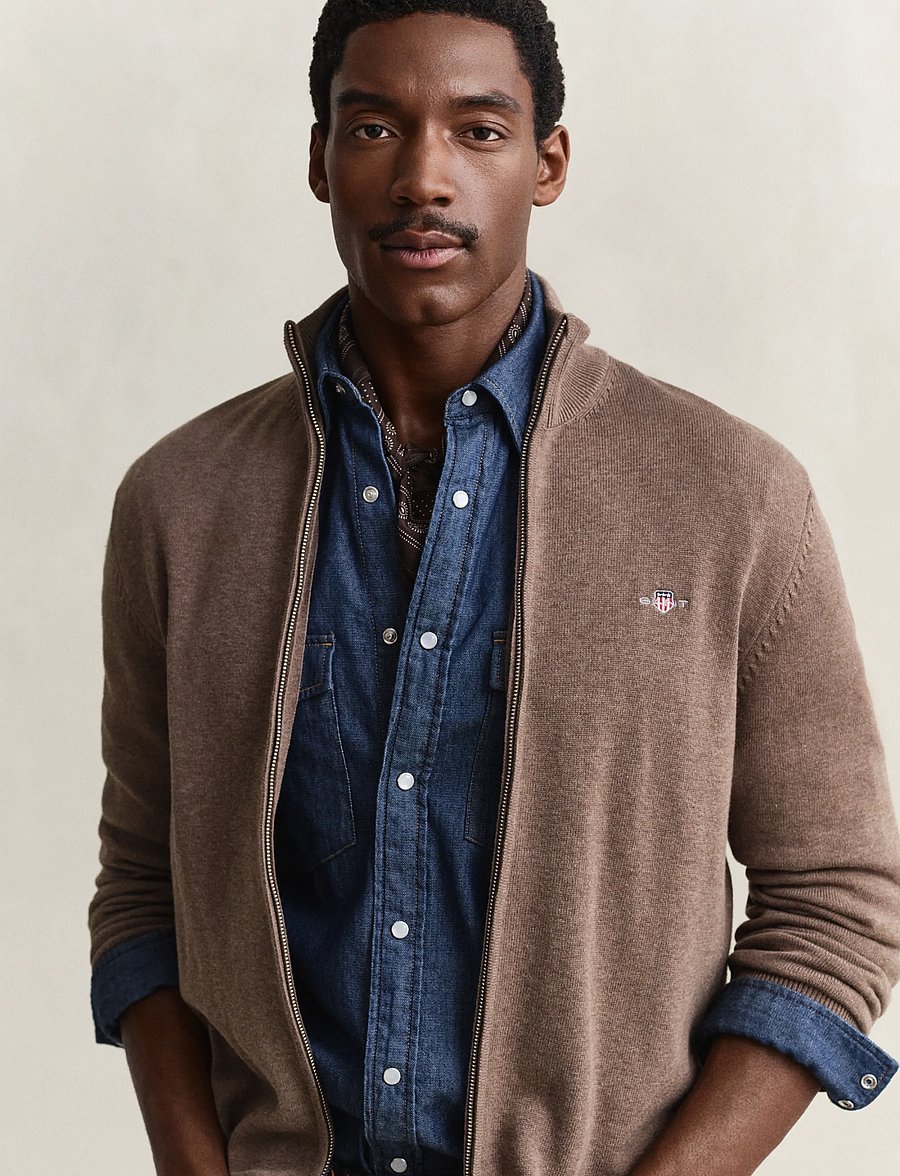 Gant - Cotton Knit Zip Cardigan - cardigans - dark hazelnut melange - 3