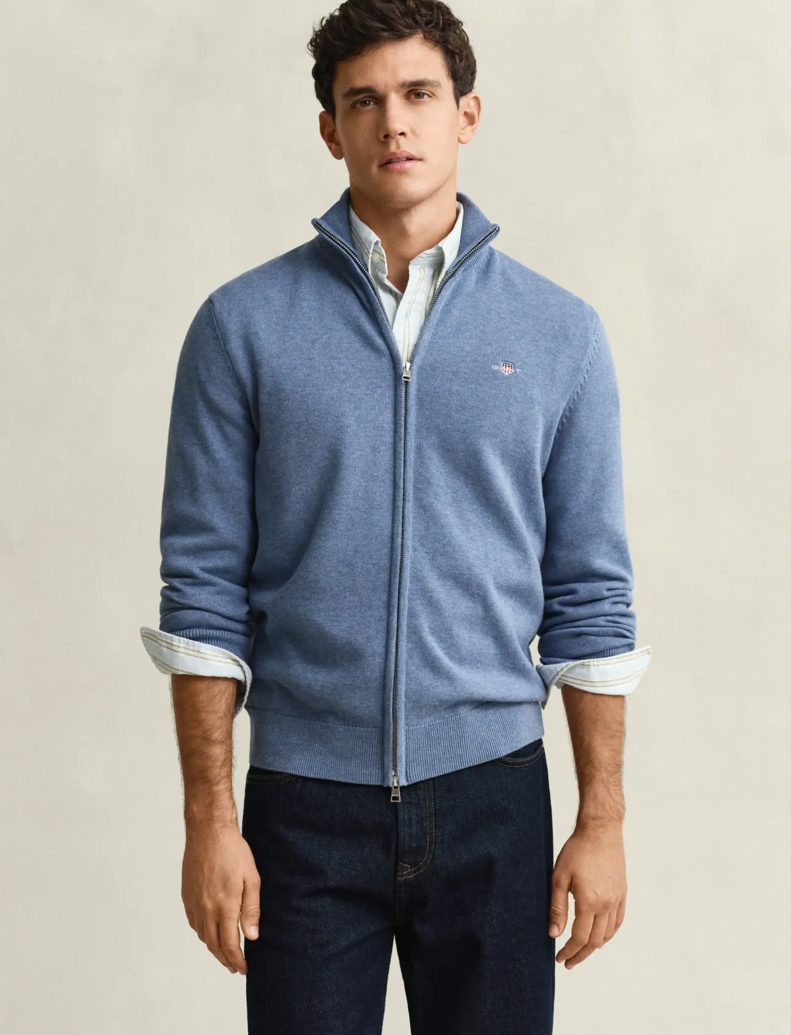 GANT Cotton Knit Zip Cardigan - „Preppy“ - DENIM BLUE MELANGE / blue