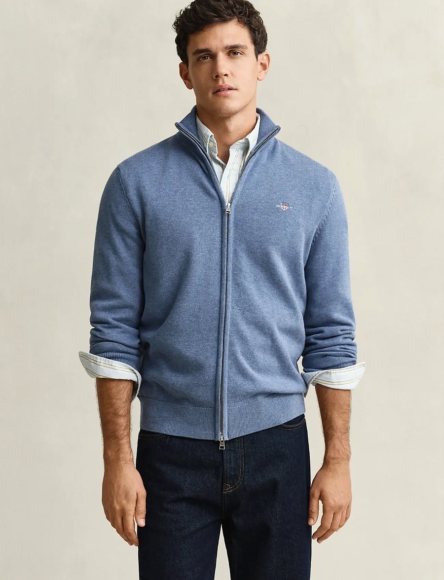 Gant - Cotton Knit Zip Cardigan - cardigans - denim blue melange - 0