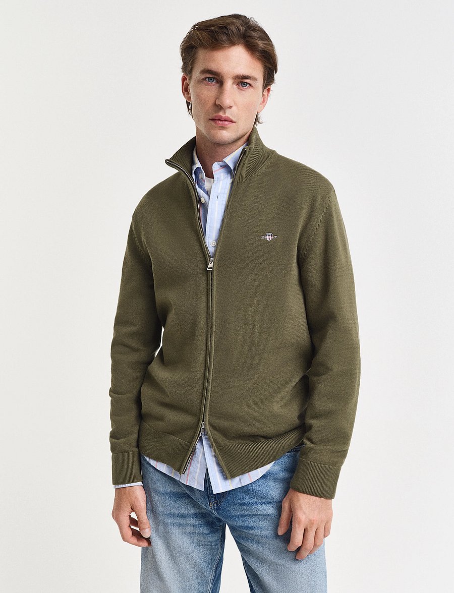 Gant - Cotton Knit Zip Cardigan - cardigans - moss green - 0