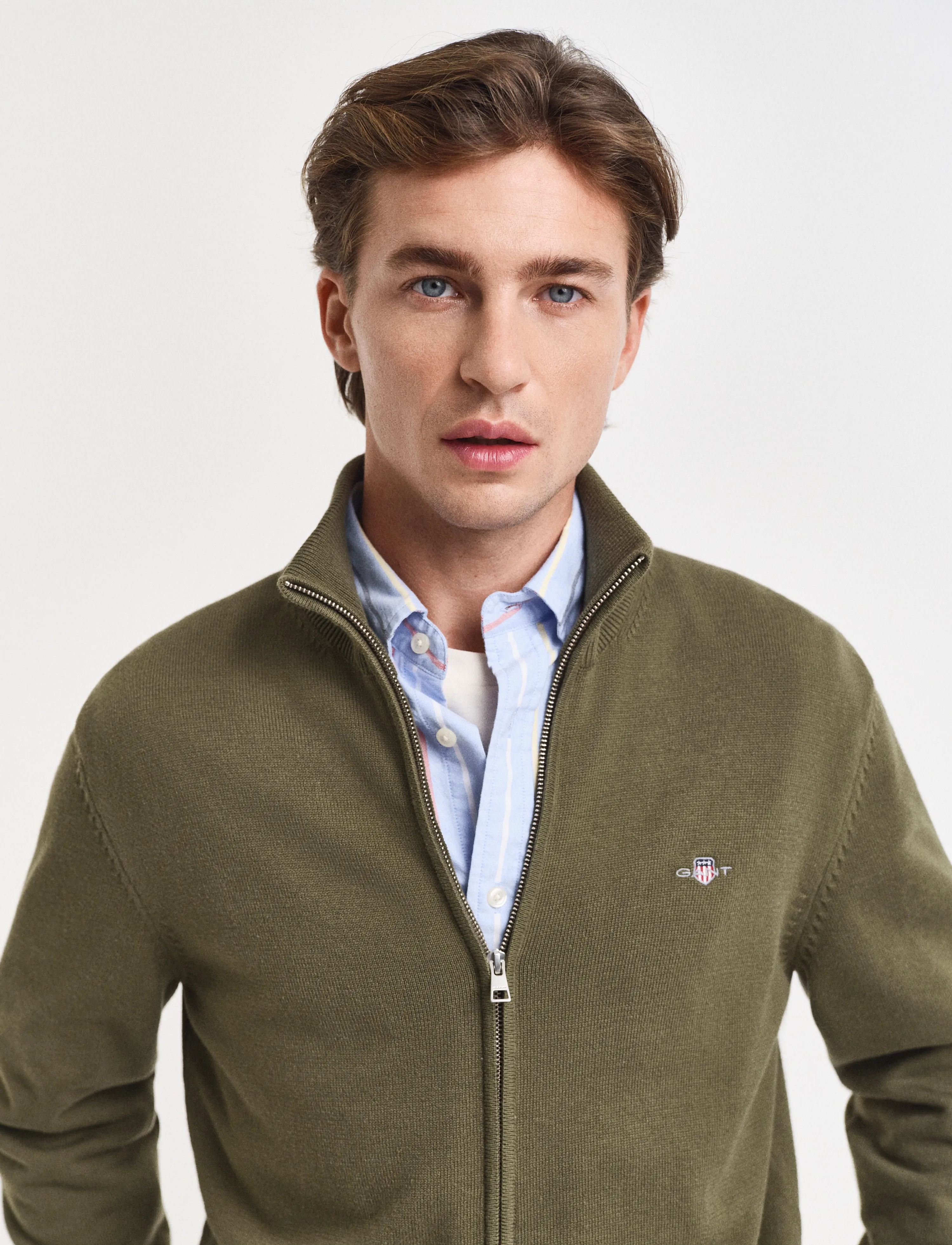 Gant - Cotton Knit Zip Cardigan - cardigans - moss green - 4