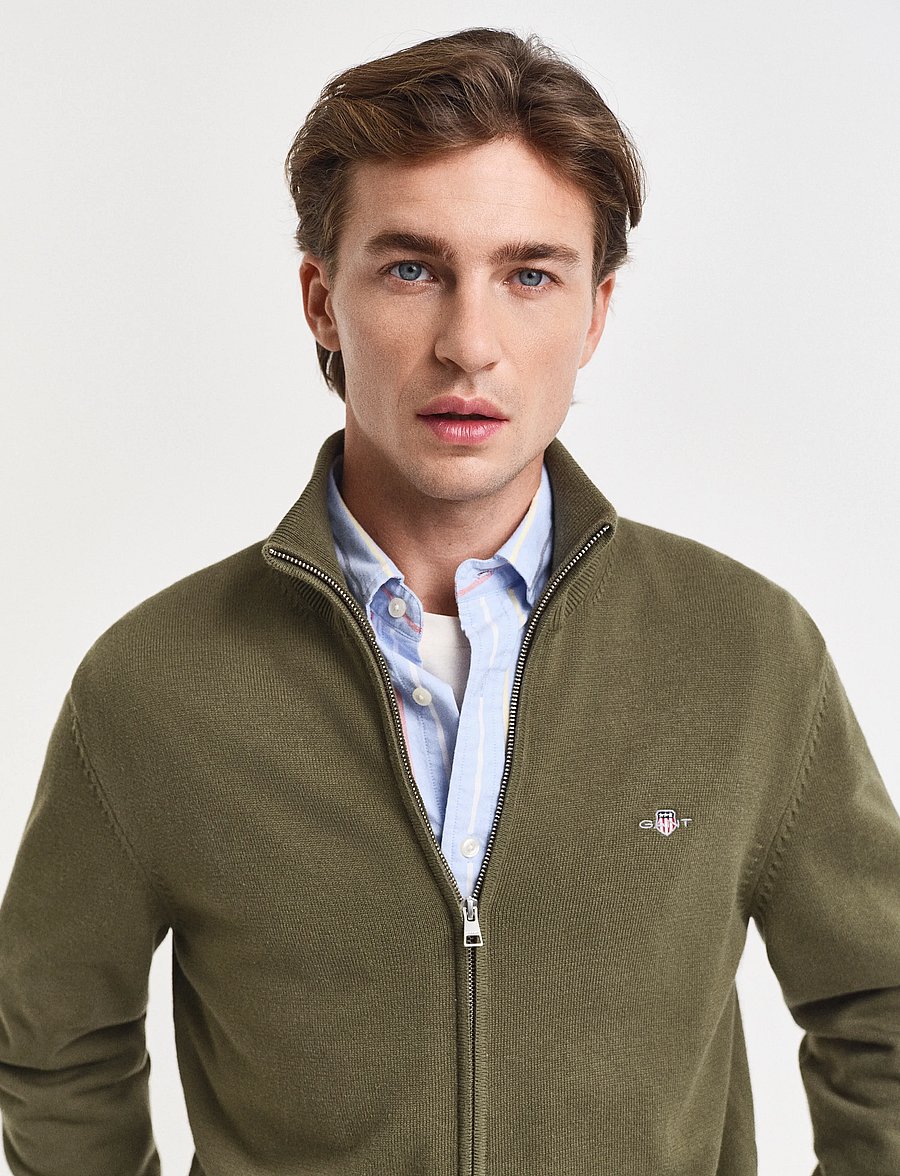 Gant - Cotton Knit Zip Cardigan - cardigans - moss green - 4