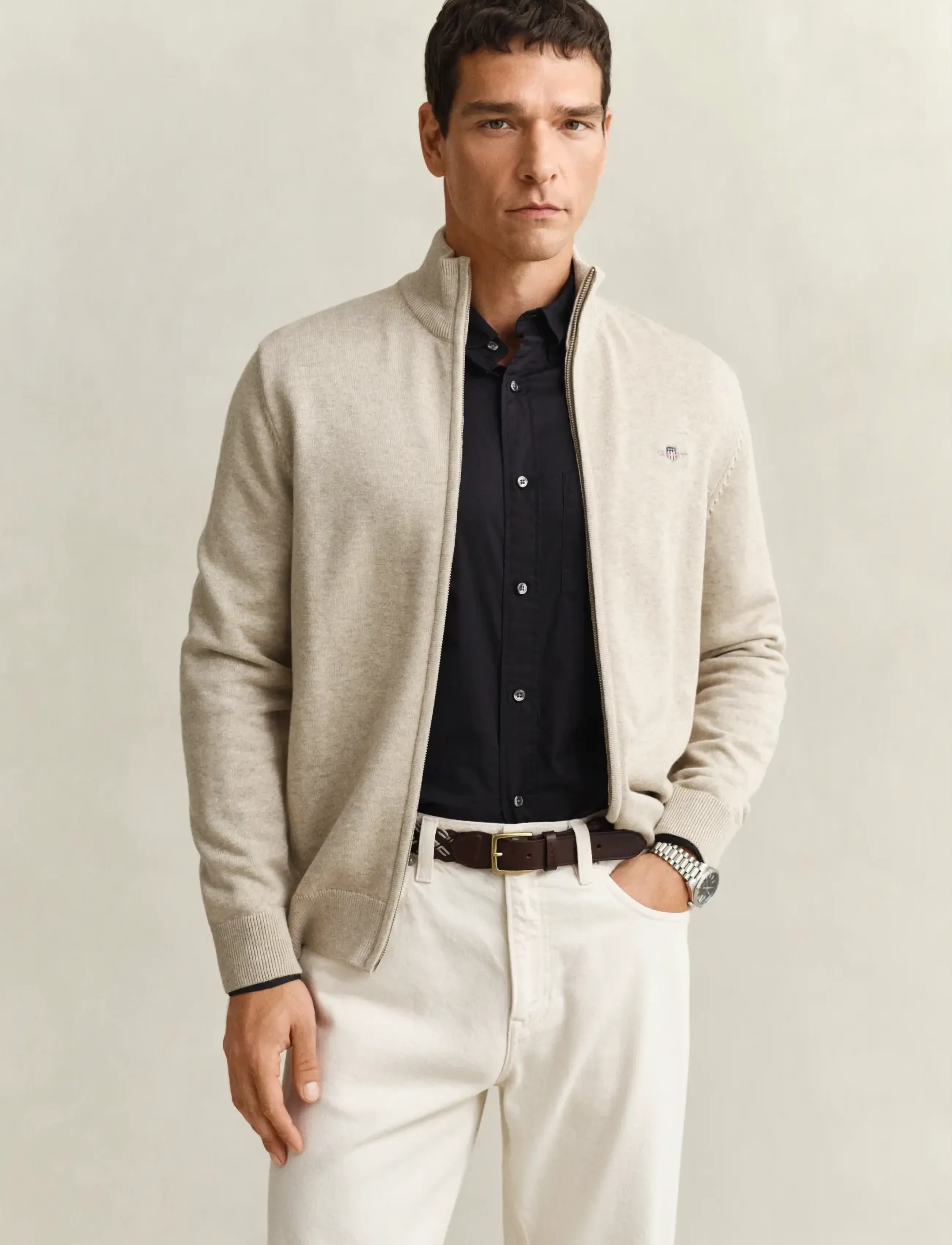 GANT Zip Cardigan - Preppy - OAT MELANGE / beige