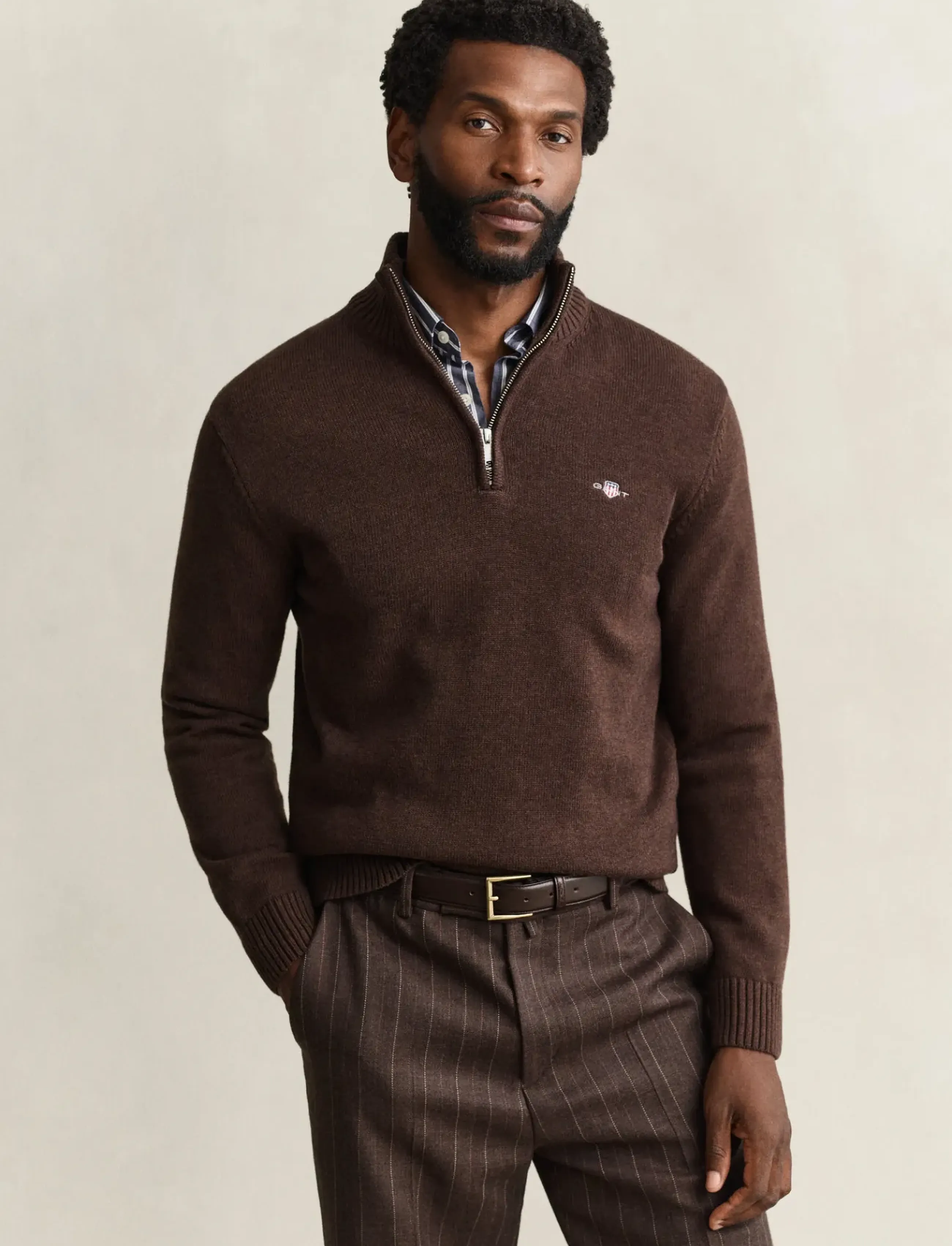 Gant - Cotton Knit Half-Zip Sweater - poolpika lukuga džemprid - black brown melange - 0