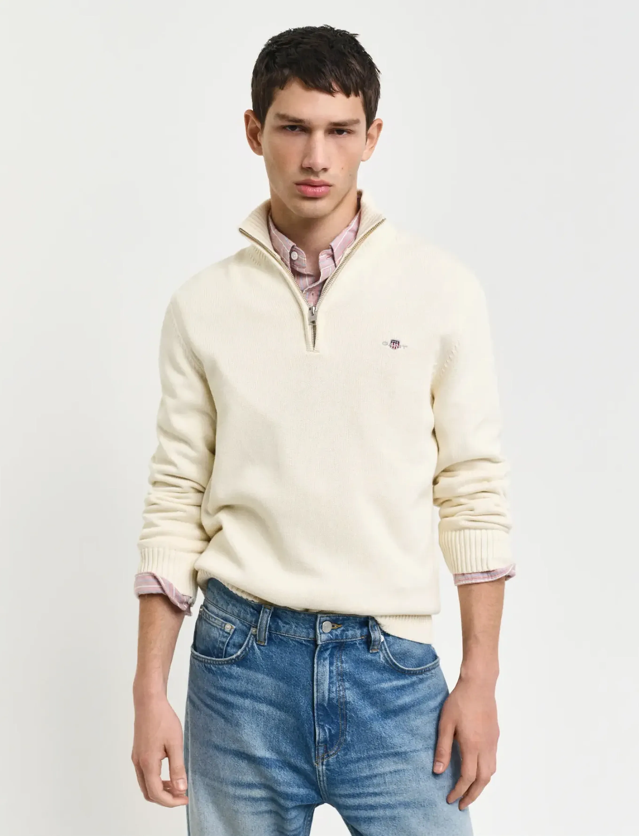 Gant Cotton Knit Half-Zip Sweater, Mænd, Half Zip Sweater, Cream, Str: XXXL