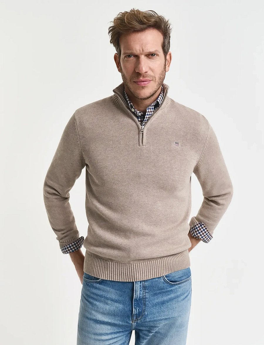 Gant - Cotton Knit Half-Zip Sweater - tõmblukk-kaelusega džemprid - dk. sand melange - 0