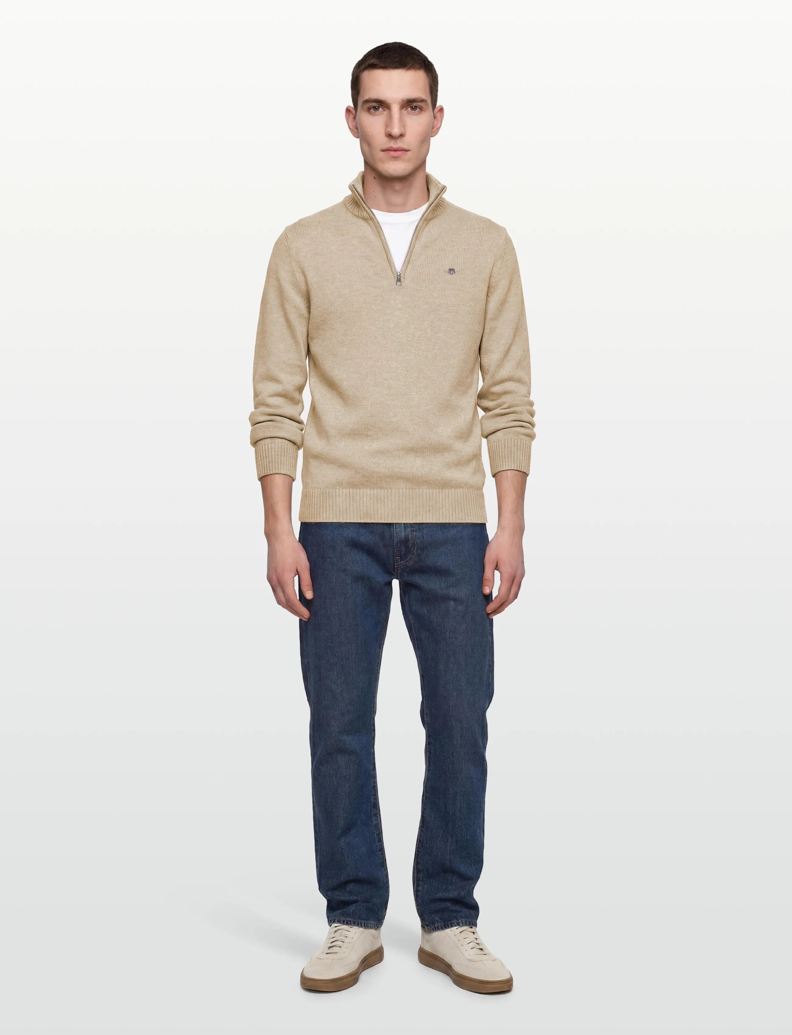 Gant - Cotton Knit Half-Zip Sweater - half zip jumpers - oat melange - 0