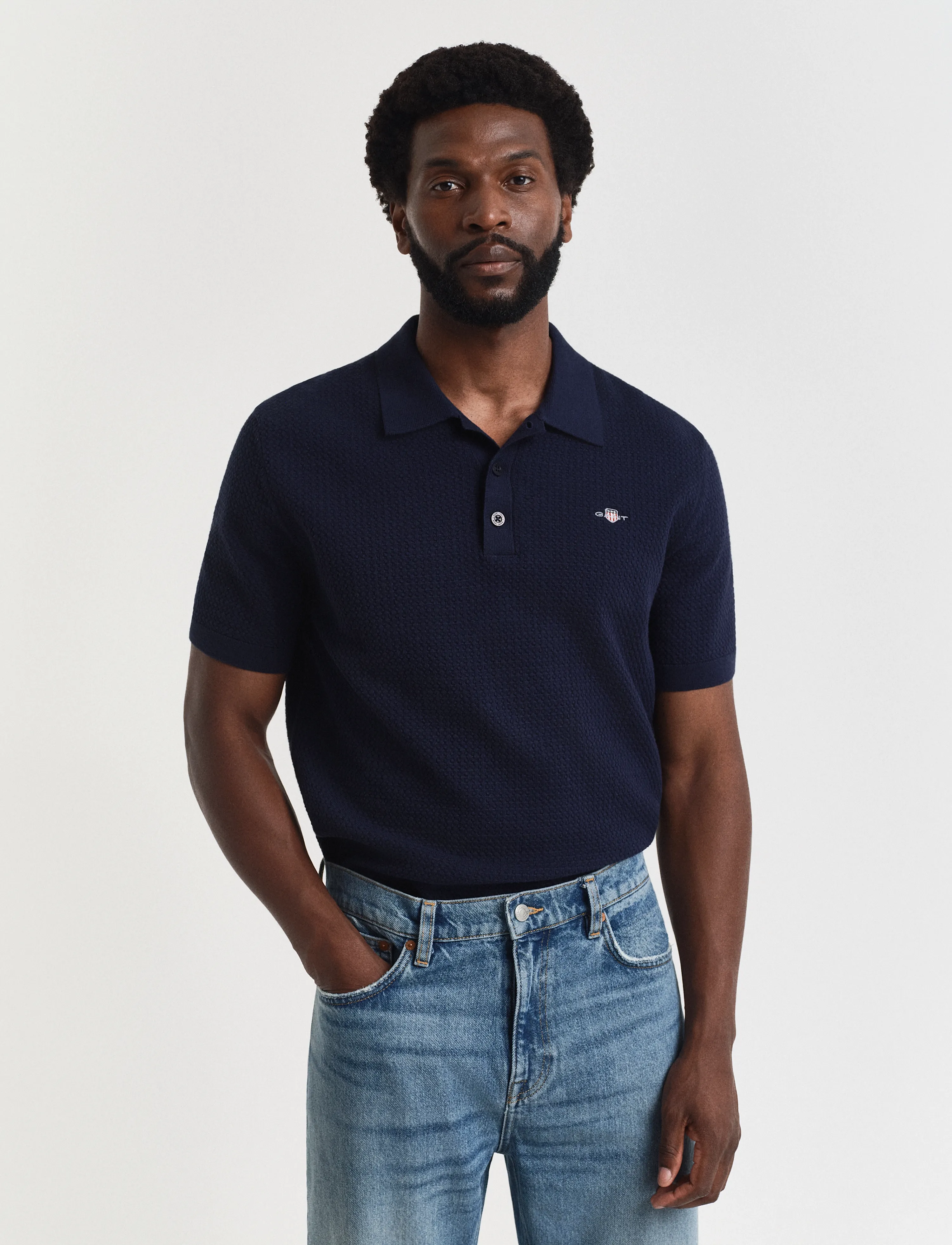 Gant - TEXTURED COTTON SS POLO - trikotažiniai polo marškinėliai - evening blue - 0