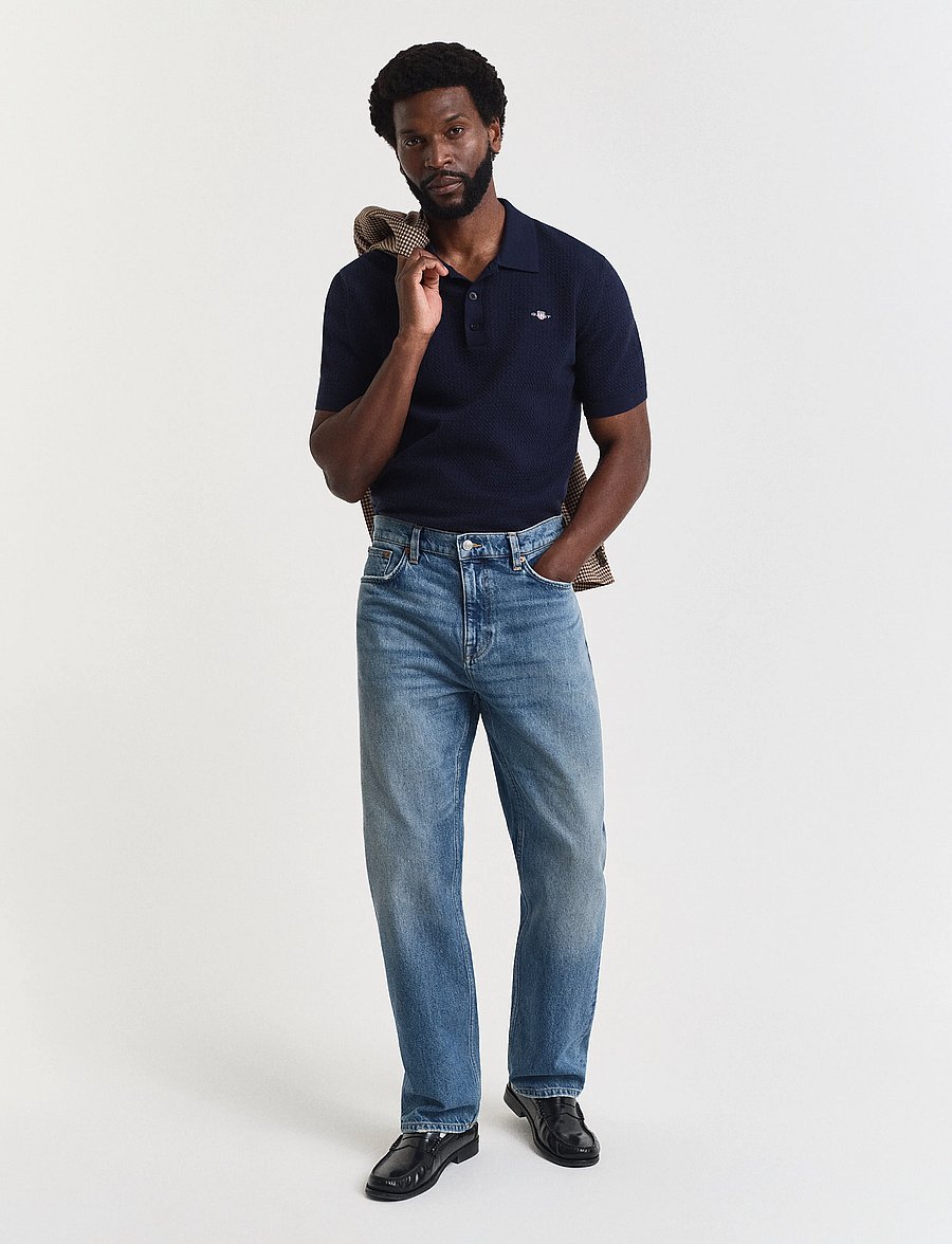 Gant - TEXTURED COTTON SS POLO - trikotažiniai polo marškinėliai - evening blue - 5