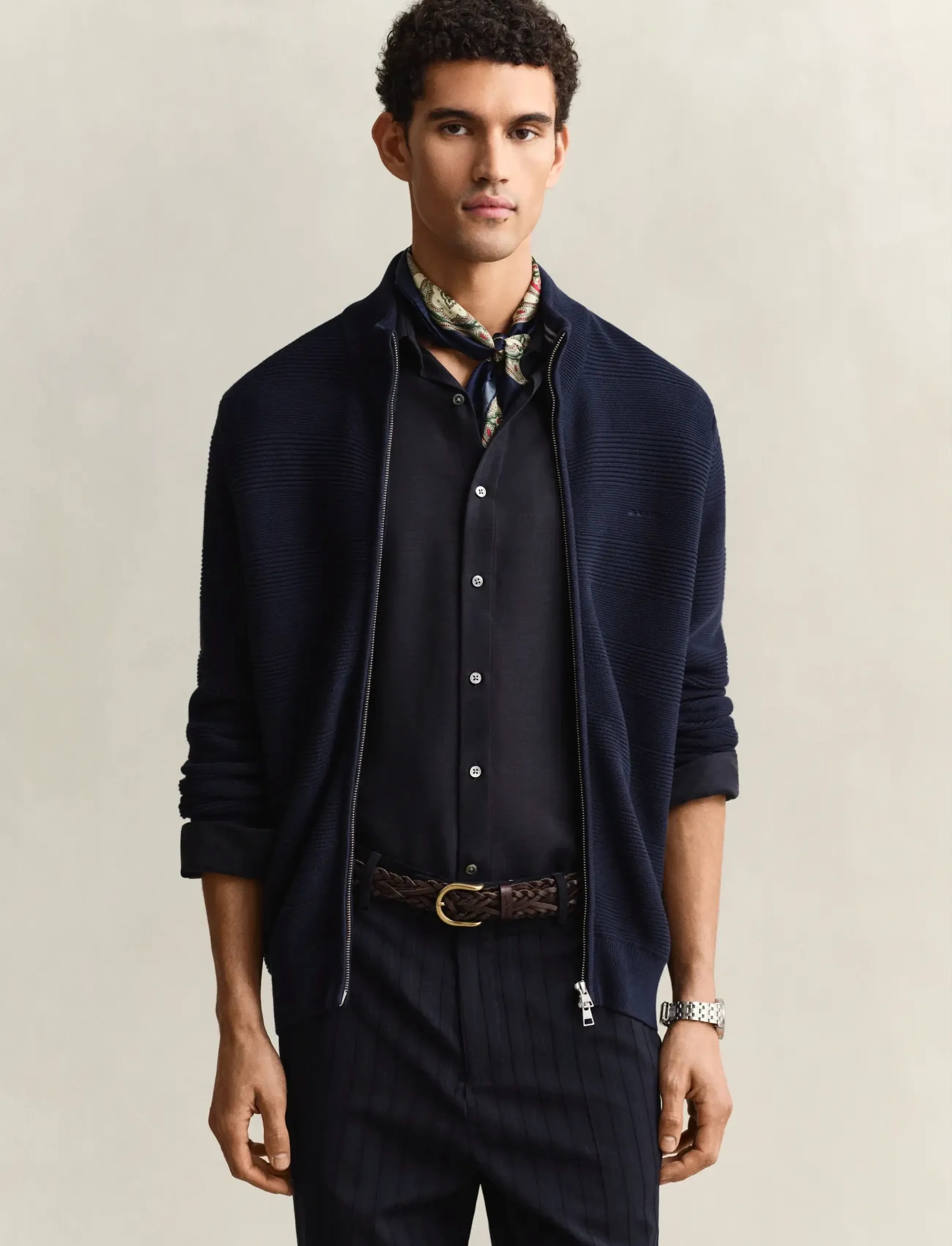 GANT COTTON TEXTURE ZIPPED CARDIGAN - Preppy - EVENING BLUE / navy