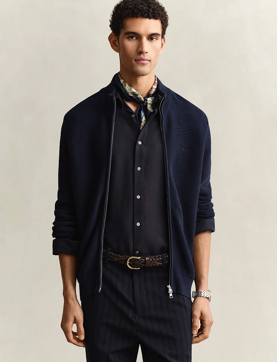 Gant - COTTON TEXTURE ZIPPED CARDIGAN - pullover mit durchgehendem reißverschluss - evening blue - 0