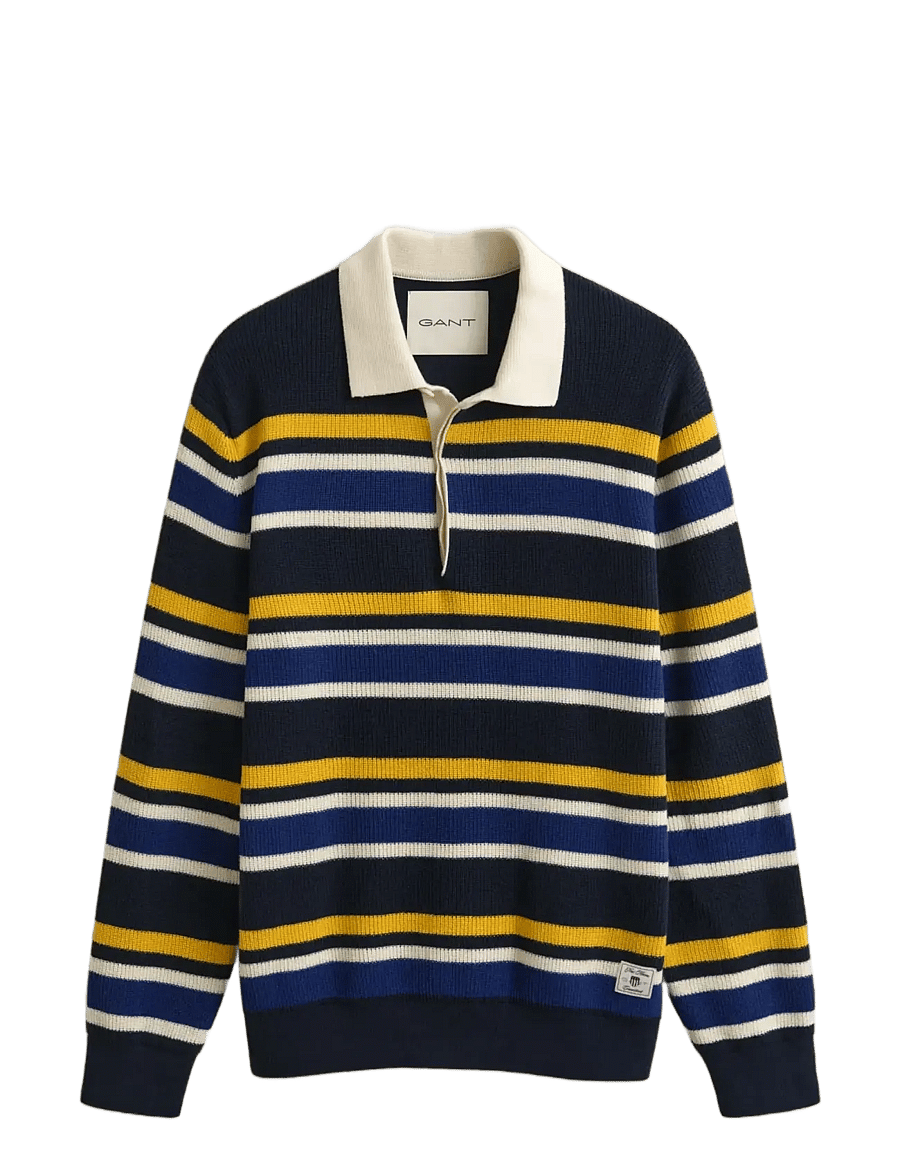 Gant - STRIPED COTTON RIB POLO - poloer i strik med lange ærmer - evening blue - 1