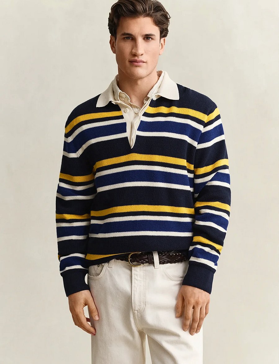 Gant - STRIPED COTTON RIB POLO - poloer i strik med lange ærmer - evening blue - 0