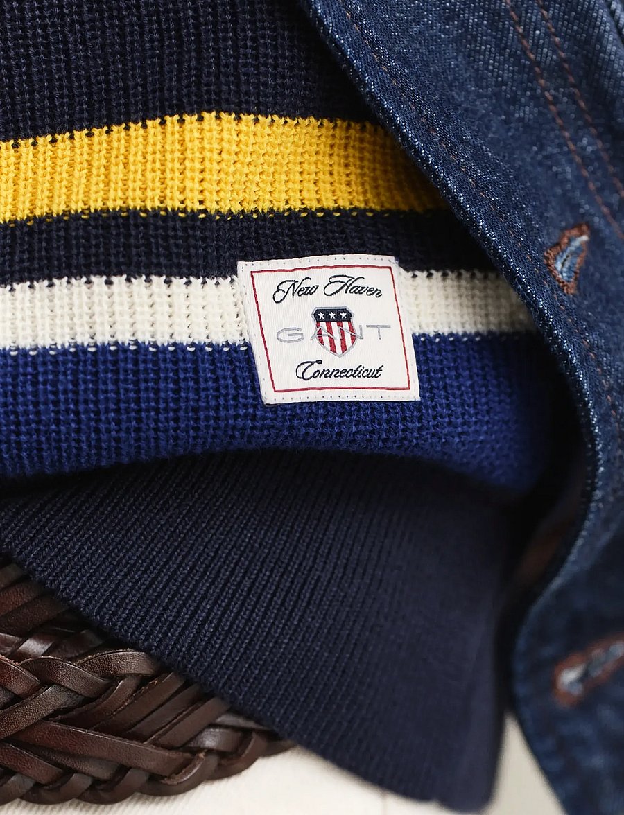 Gant - STRIPED COTTON RIB POLO - poloer i strik med lange ærmer - evening blue - 3
