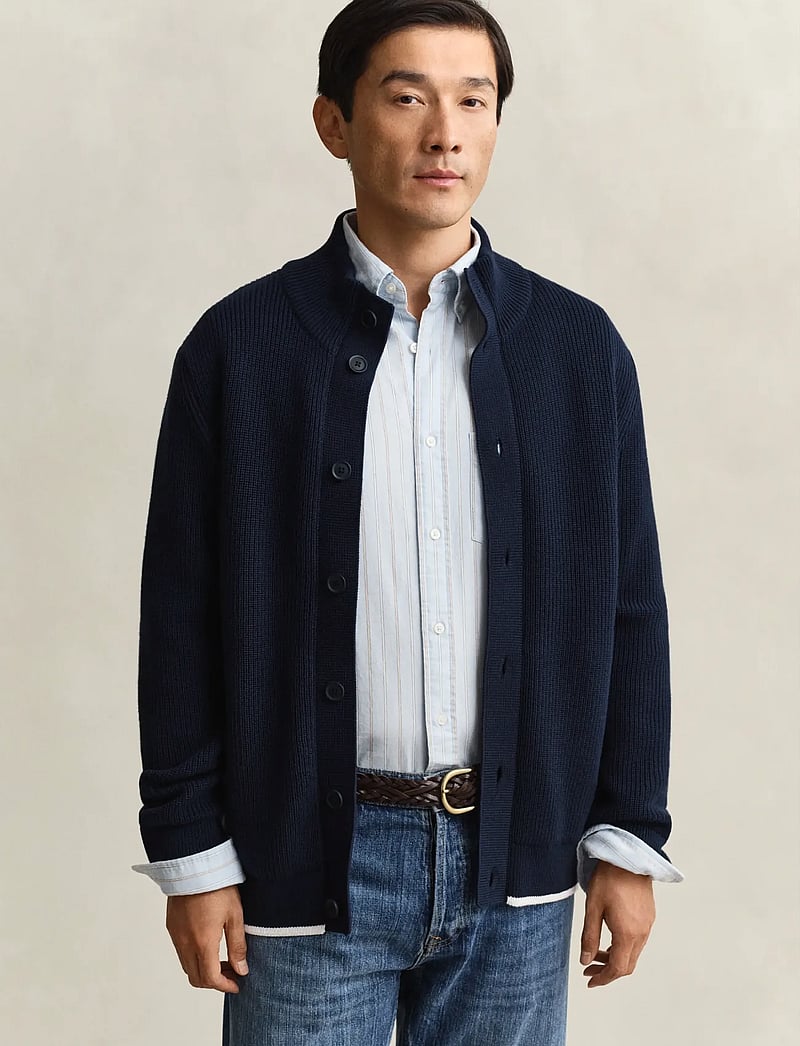 GANT - COTTON RIB BUTTONED CARDIGAN - cardigans - evening blue - 0