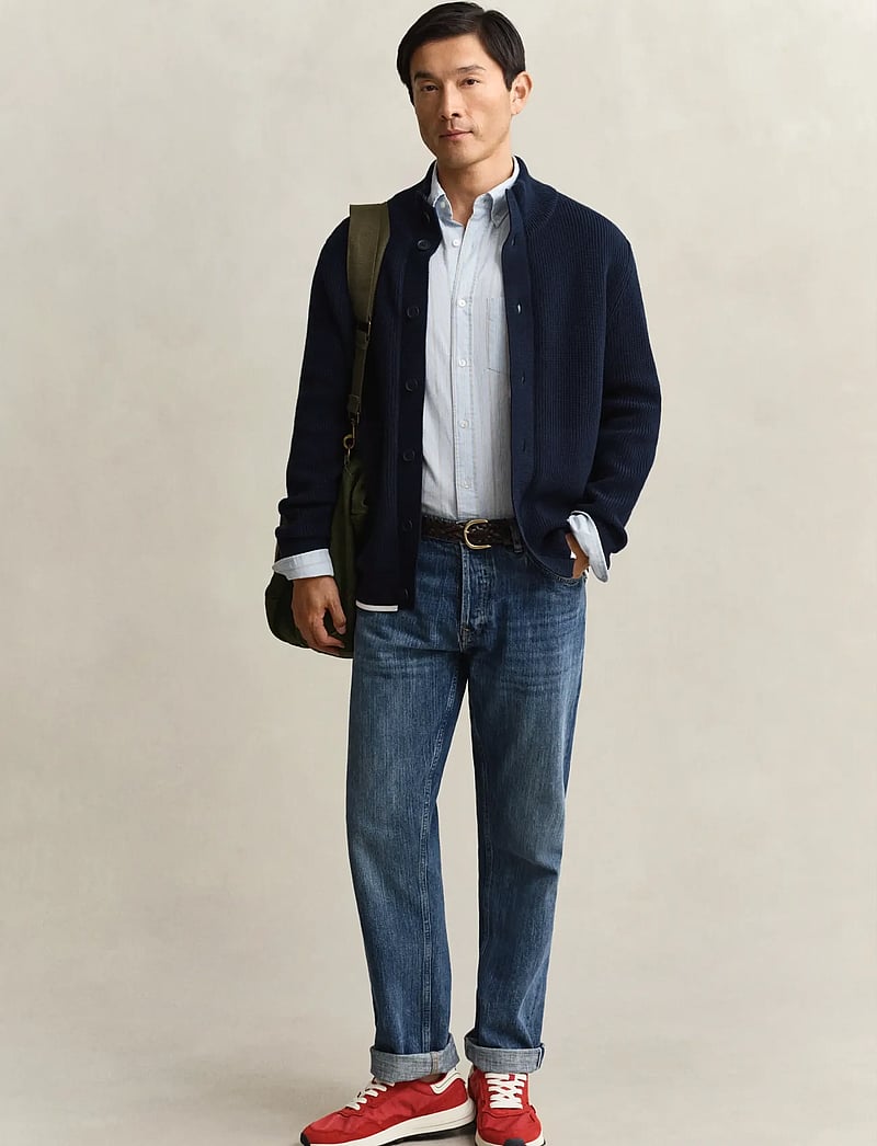 GANT - COTTON RIB BUTTONED CARDIGAN - cardigans - evening blue - 4