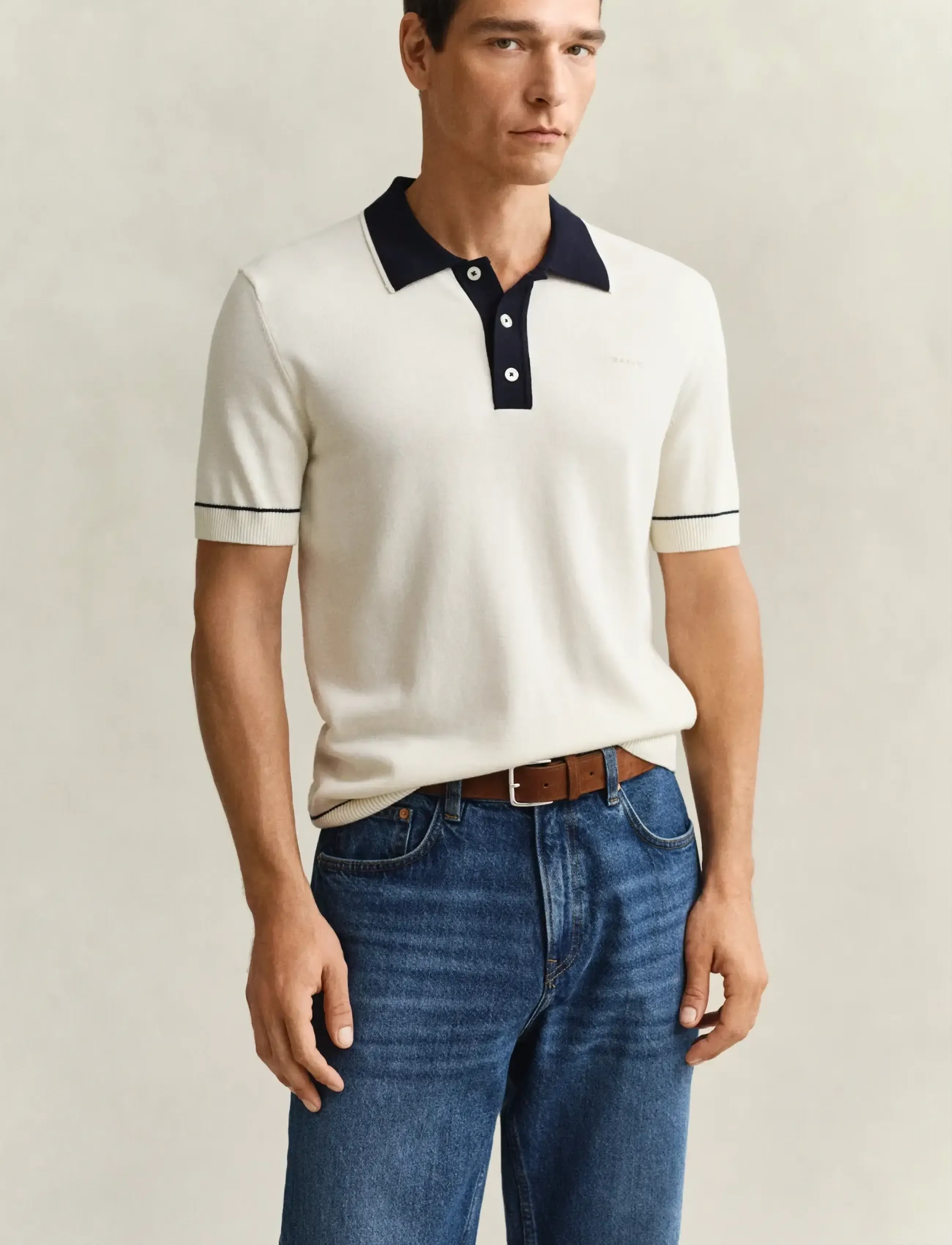 Gant Cotton Modal Polo, XL, Cream, Strik > Kortærmede Strikkede Poloer, Herre