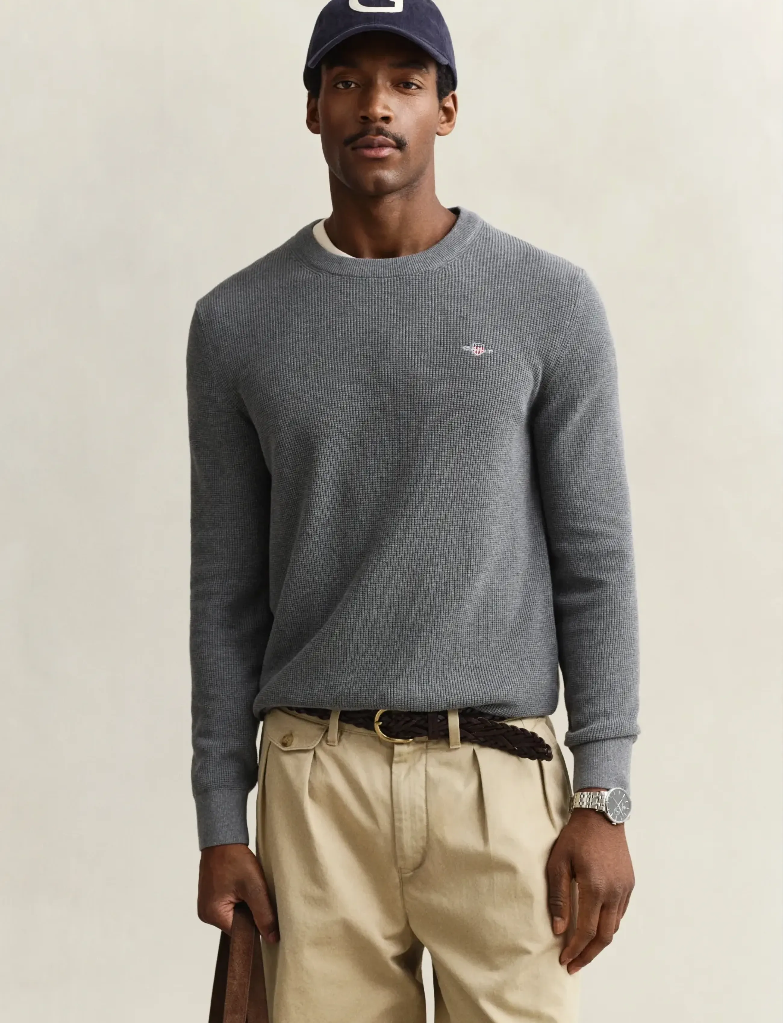 Gant Waffle Knit Sweater, Mænd, Vaffelstrikket Sweater, Grå, Str: M